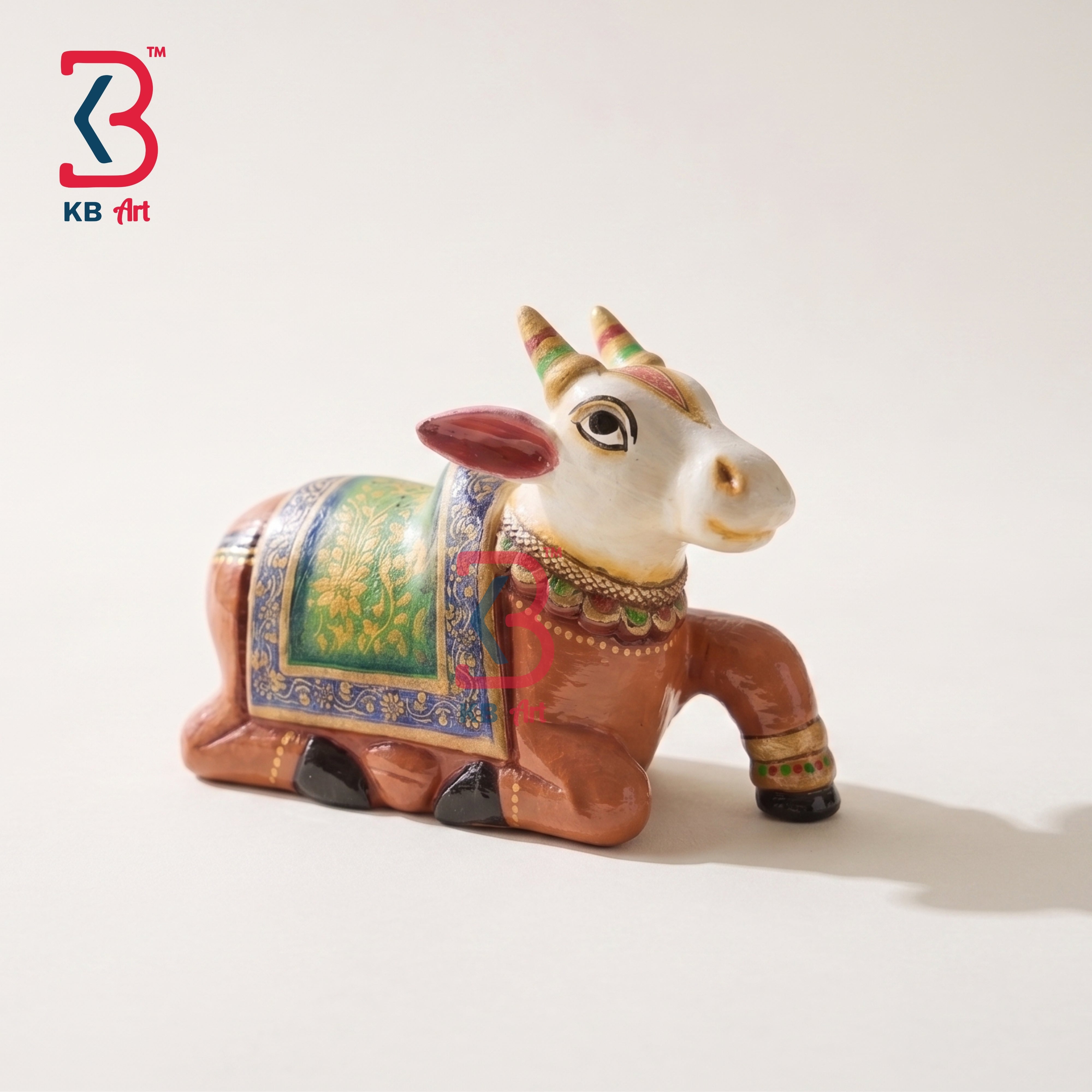KB ART Handcrafted Brown White Wooden Carved Nandi Statue Decor Indian - Handcrafted Brown and White Wooden Carved Nandi Statue Decor