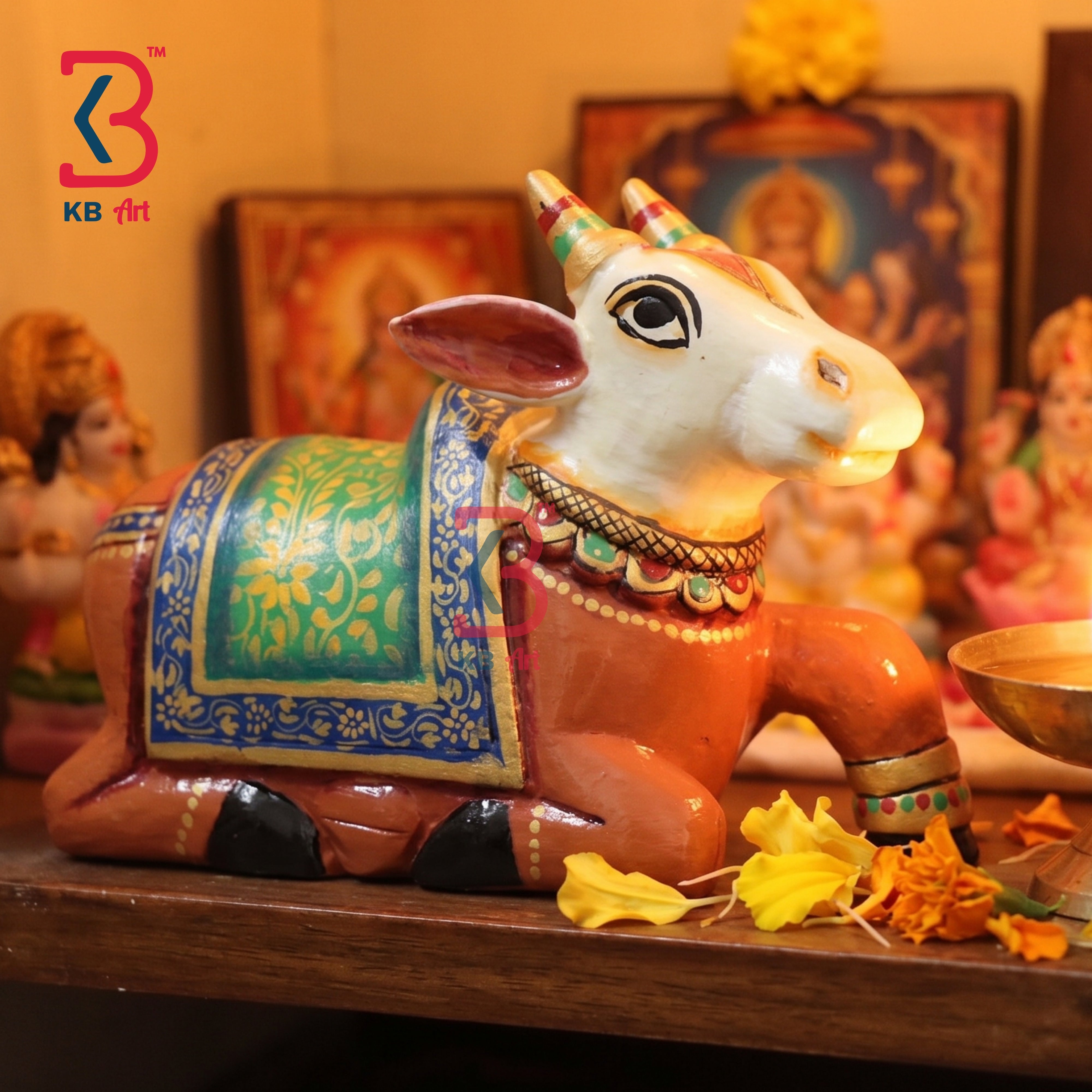 KB ART Handcrafted Brown White Wooden Carved Nandi Statue Decor Indian - Solid Wood Brown Nandi Statue with Green Blanket Pooja Decor