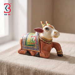 KB ART Handcrafted Brown White Wooden Carved Nandi Statue Decor Indian - Ethnic Indian Hand Painted Brown White Wood Nandi Sculpture