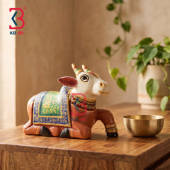 KB ART Handcrafted Brown White Wooden Carved Nandi Statue Decor Indian - Decorative Carved Wooden Brown and White Nandi Statue for Mandir