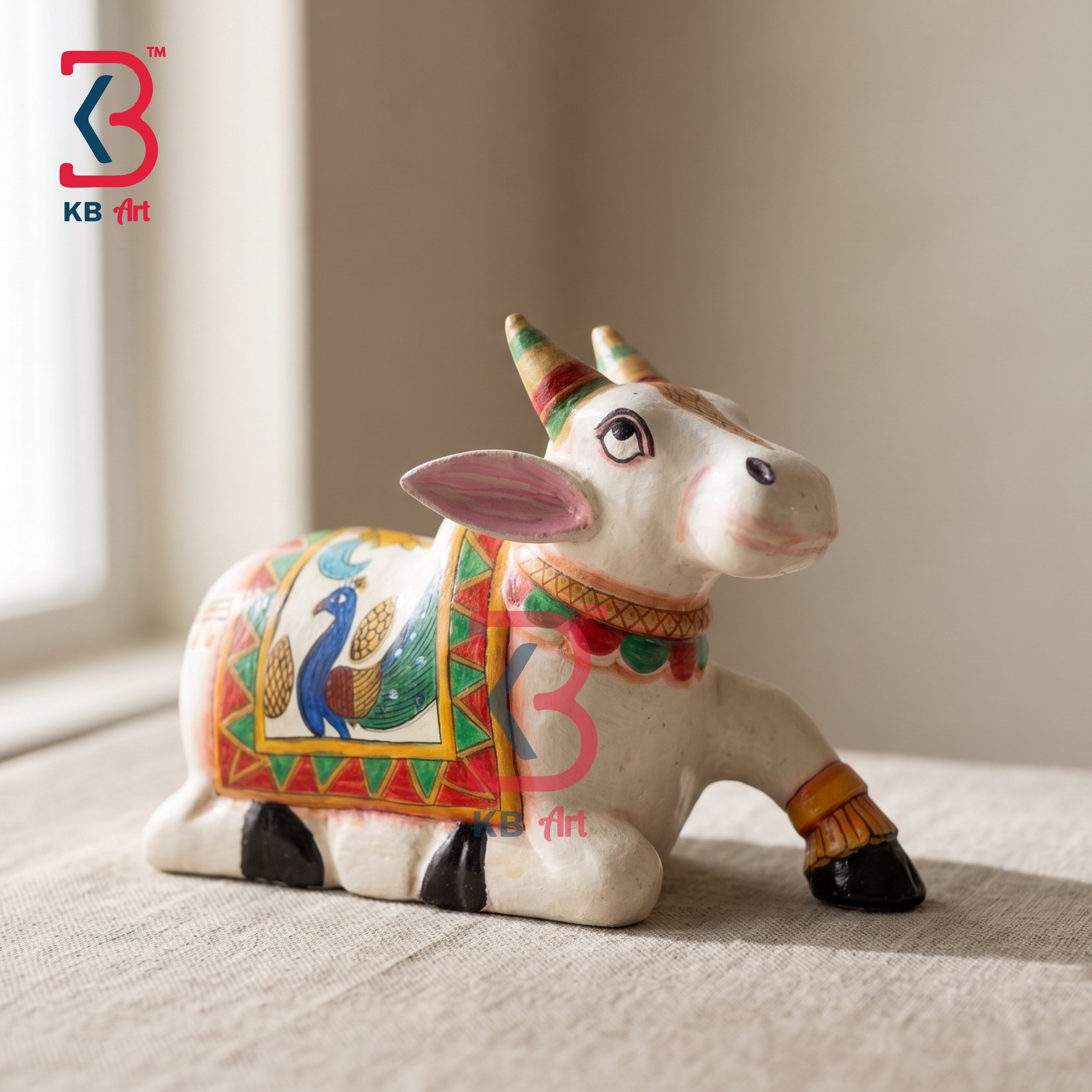 KB ART Handcrafted White Wooden Carved Nandi Statue Peacock Art Indian - Handcrafted White Wooden Carved Nandi Statue Peacock Art