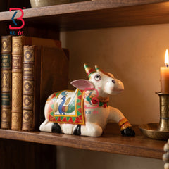 KB ART Handcrafted White Wooden Carved Nandi Statue Peacock Art Indian - Traditional Rajasthani Hand Painted White Nandi Bull Idol