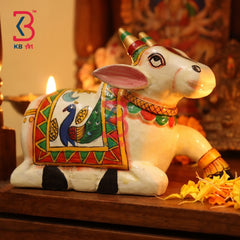 KB ART Handcrafted White Wooden Carved Nandi Statue Peacock Art Indian - Solid Wood White Nandi Statue with Colorful Blanket Pooja Decor