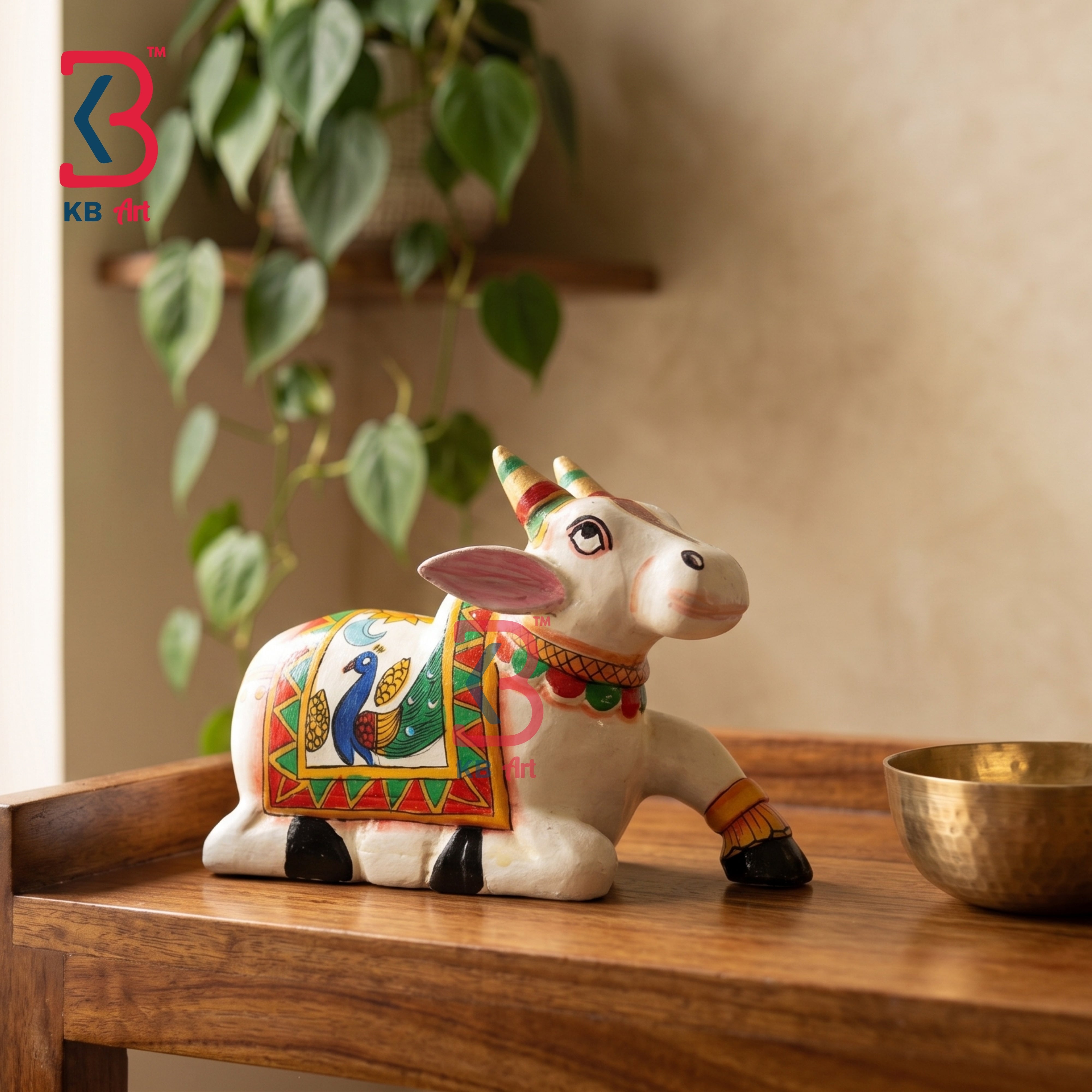 KB ART Handcrafted White Wooden Carved Nandi Statue Peacock Art Indian - Ethnic Indian Hand Painted White Wood Nandi Sculpture for Mandir