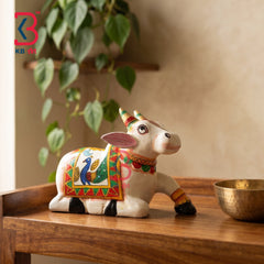KB ART Handcrafted White Wooden Carved Nandi Statue Peacock Art Indian - Ethnic Indian Hand Painted White Wood Nandi Sculpture for Mandir