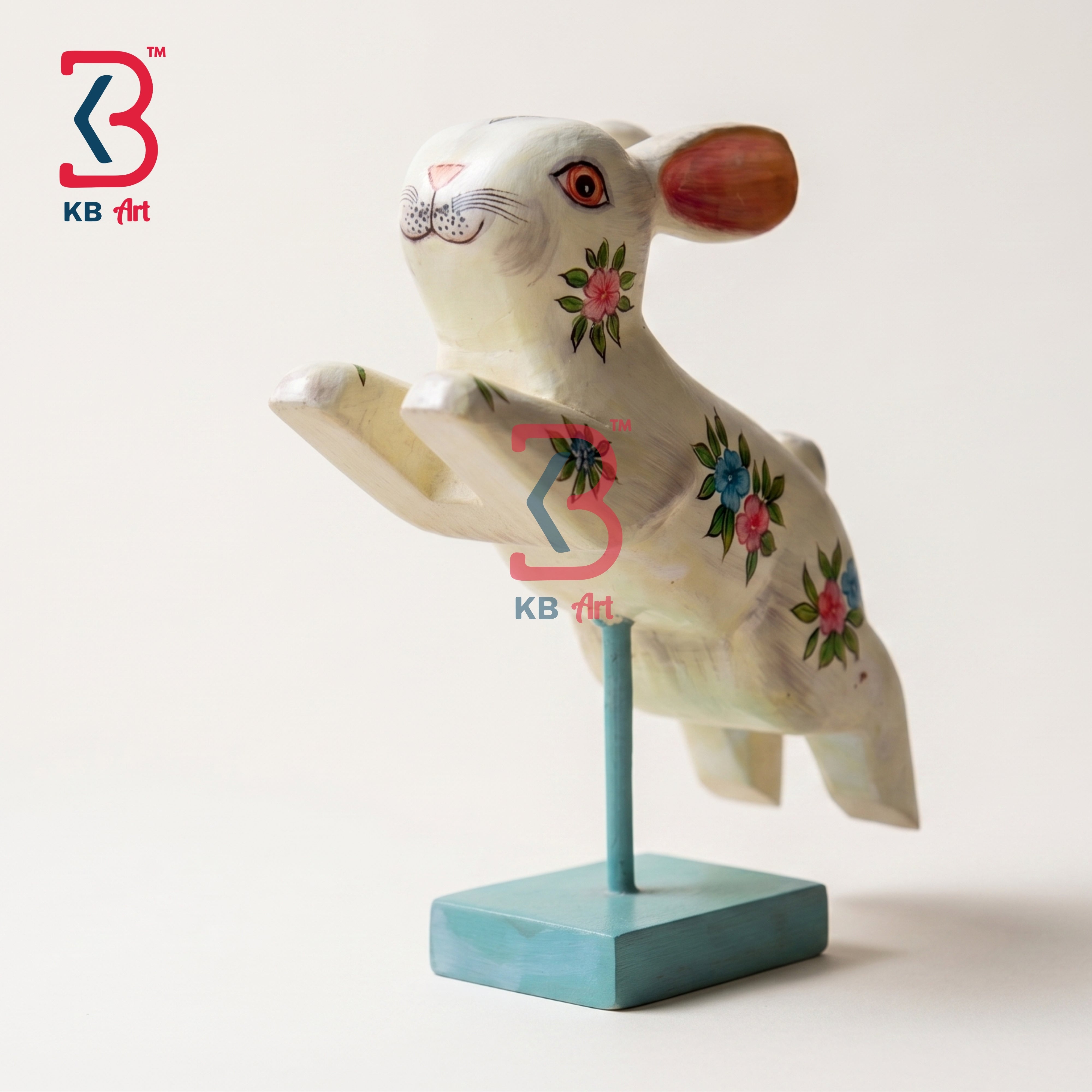 KB ART Handcrafted White Wooden Carved Jumping Rabbit Statue Stand Indian - Handcrafted White Wooden Carved Jumping Rabbit Statue with Stand