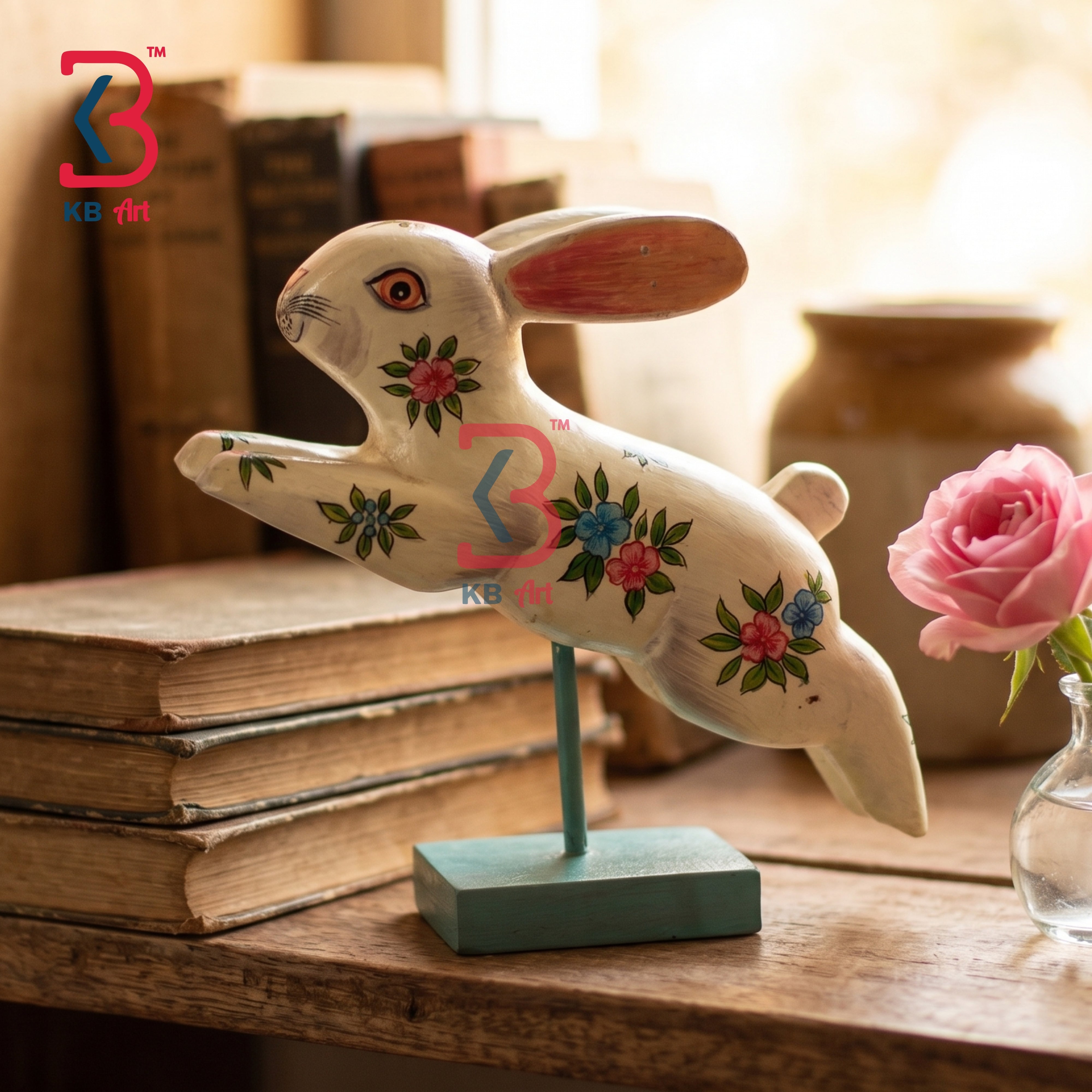 KB ART Handcrafted White Wooden Carved Jumping Rabbit Statue Stand Indian - Traditional Hand Painted White Wood Bunny Figurine Floral Motifs