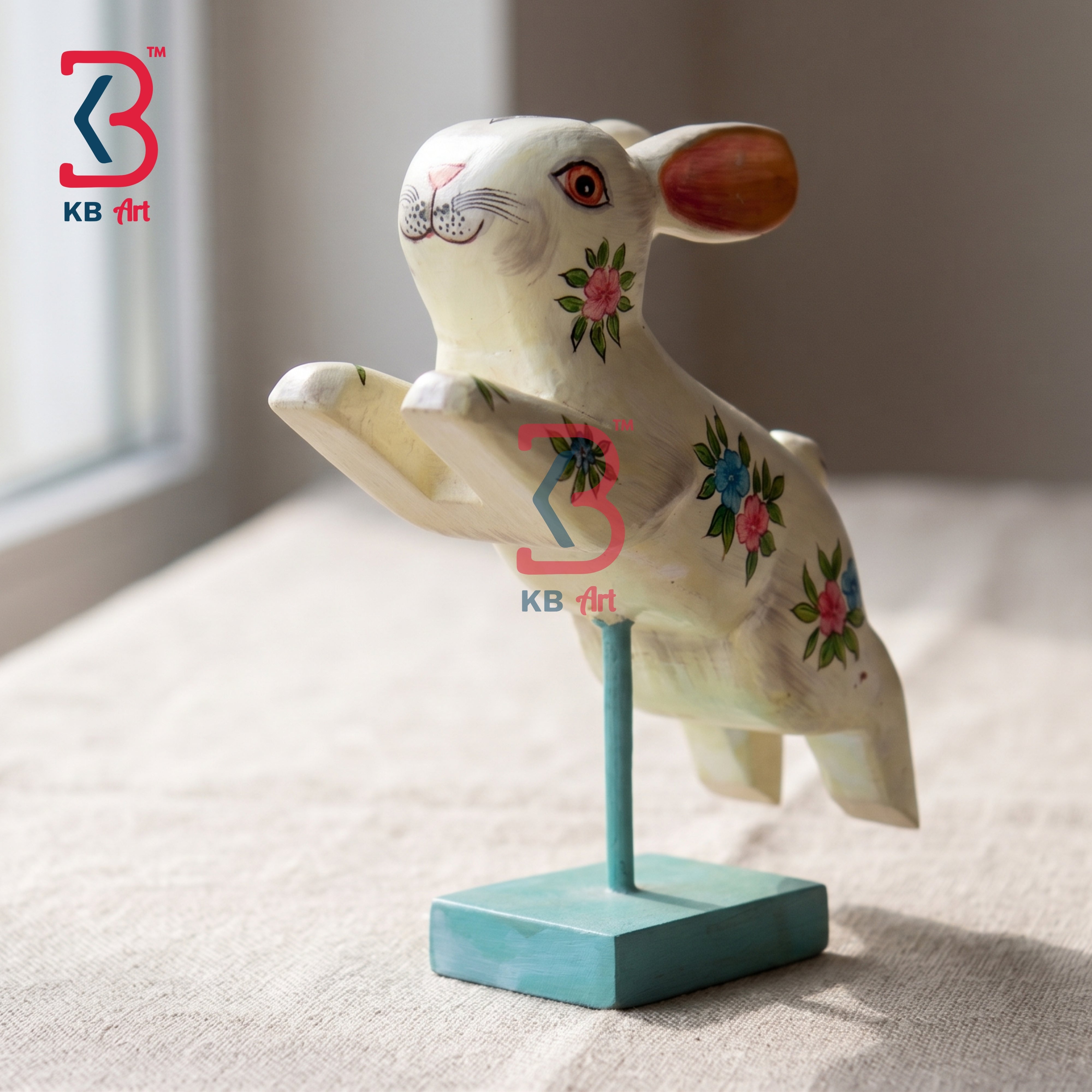 KB ART Handcrafted White Wooden Carved Jumping Rabbit Statue Stand Indian - Decorative White and Floral Wooden Rabbit Sculpture Tabletop Decor