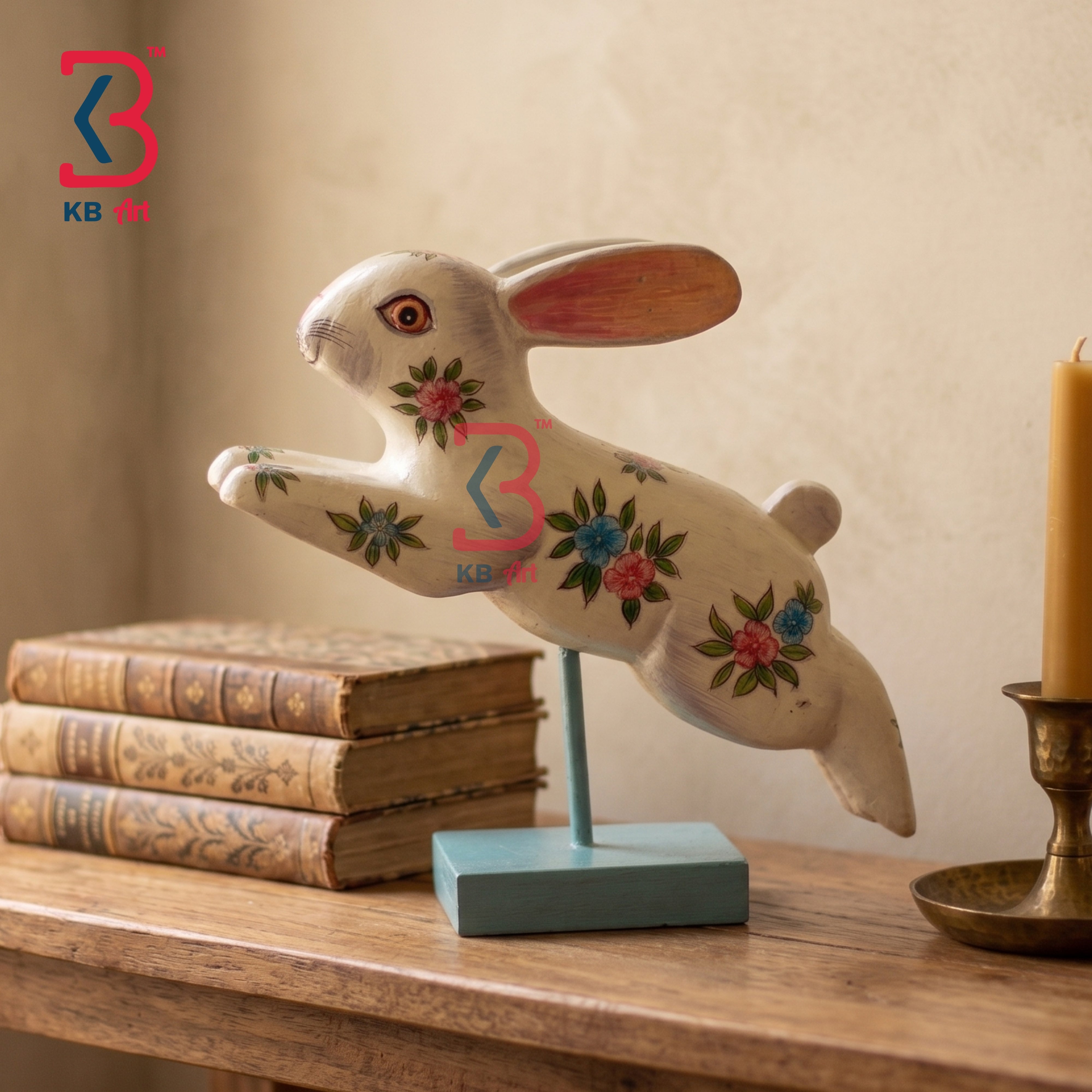 KB ART Handcrafted White Wooden Carved Jumping Rabbit Statue Stand Indian - Solid Wood White Jumping Hare Statue on Pedestal Stand