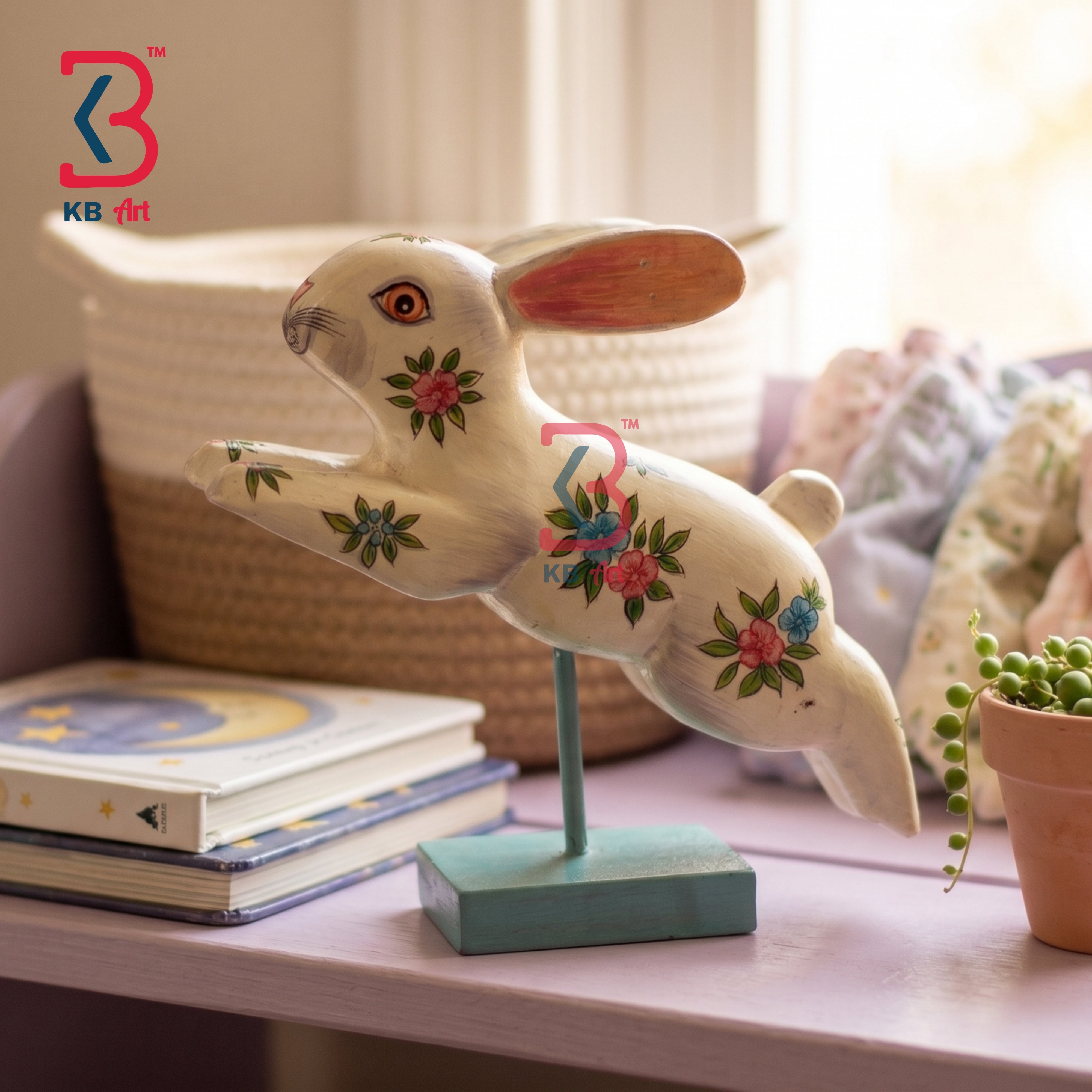 KB ART Handcrafted White Wooden Carved Jumping Rabbit Statue Stand Indian - Ethnic Rajasthani Hand Painted White Wood Rabbit Showpiece for Homedecor