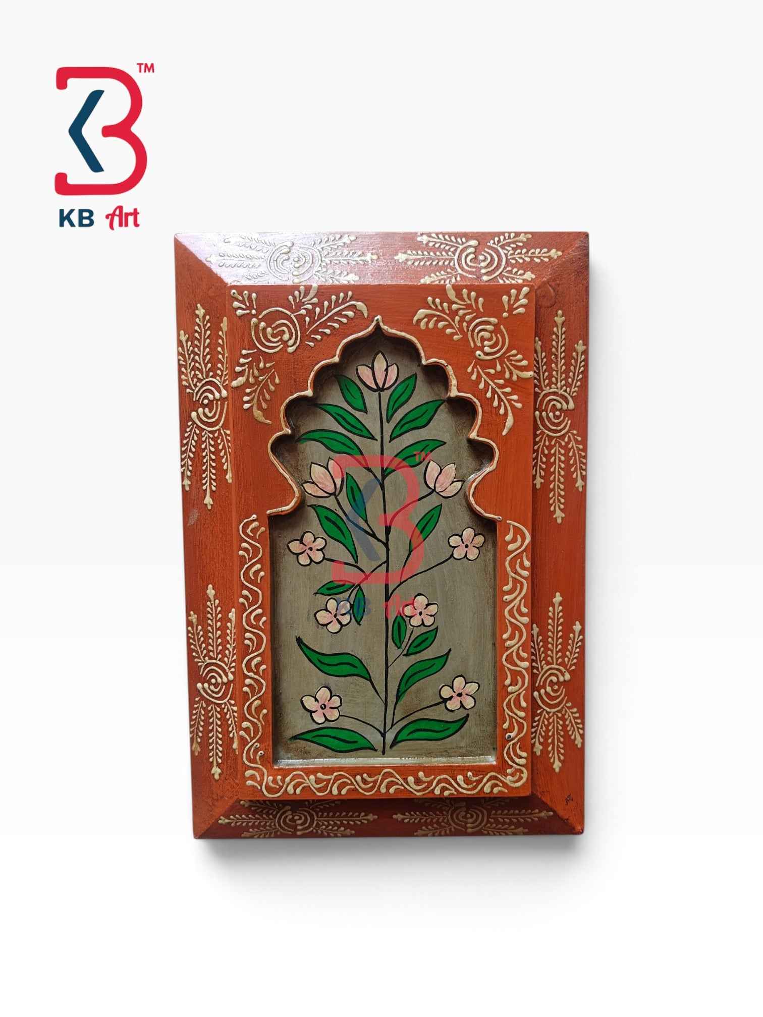 KB ART 12x8 Inch Handcrafted Wooden Jharokha Wall Panel Terracotta Brown Floral Painting Rajasthani Traditional Decor