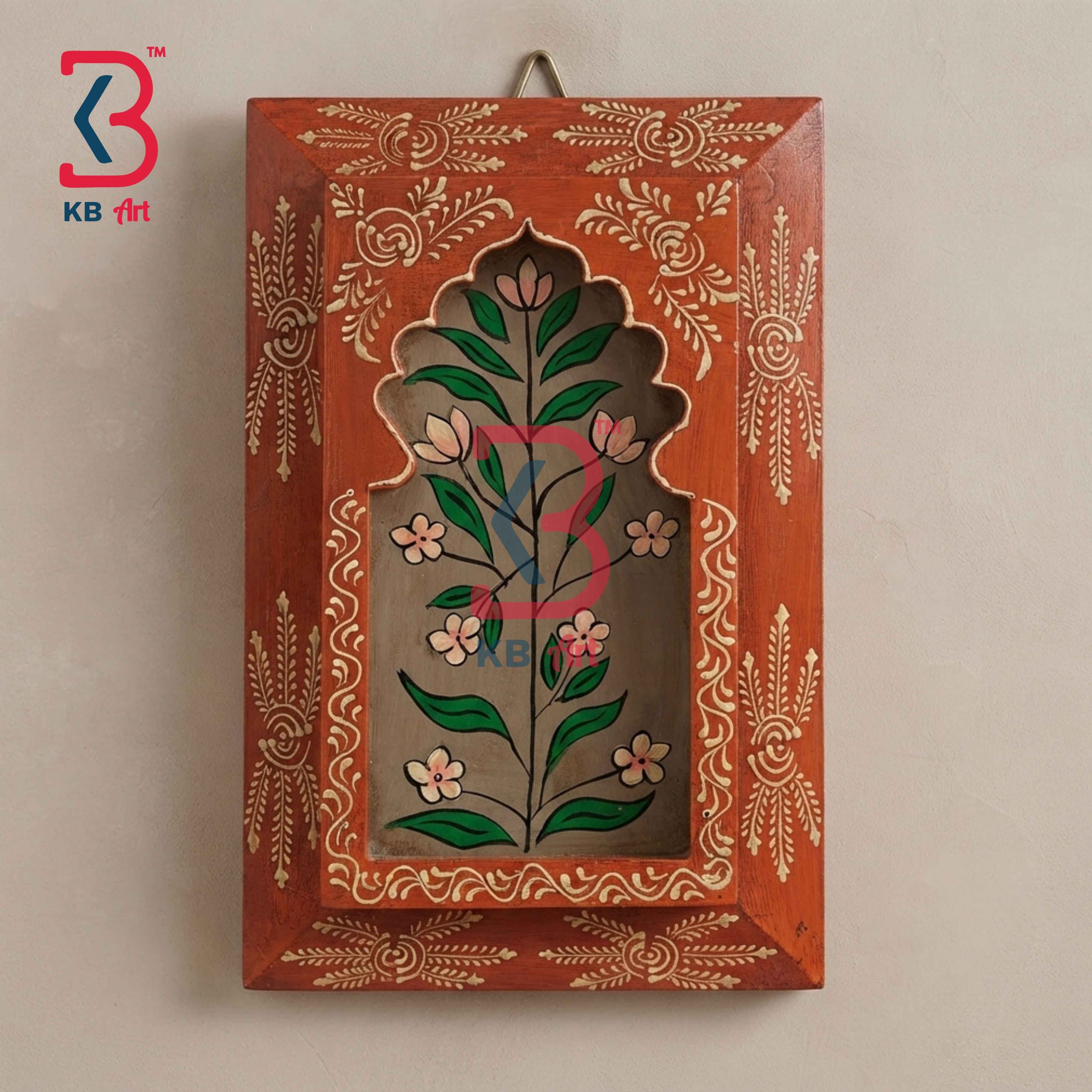 KB ART 12x8 Inch Handcrafted Wooden Jharokha Wall Panel Terracotta Brown Floral Painting Rajasthani Traditional Decor
