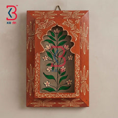 KB ART 12x8 Inch Handcrafted Wooden Jharokha Wall Panel Terracotta Brown Floral Painting Rajasthani Traditional Decor