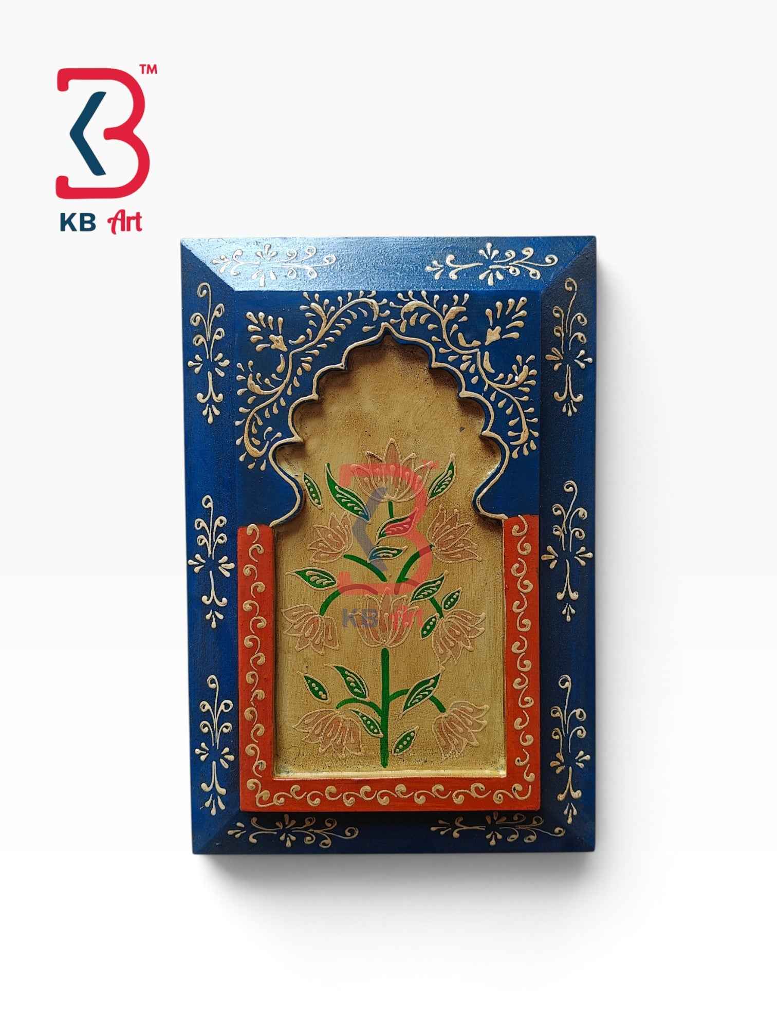 KB ART 12x8 Inch Handcrafted Wooden Jharokha Wall Panel Dark Cobalt Blue Golden Lotus Traditional Wall Decor