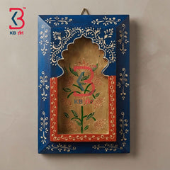 KB ART 12x8 Inch Handcrafted Wooden Jharokha Wall Panel Dark Cobalt Blue Golden Lotus Traditional Wall Decor