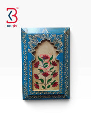 KB ART 12x8 Inch Handcrafted Wooden Jharokha Wall Panel Cerulean Sky Blue Floral Tree Traditional Wall Decor