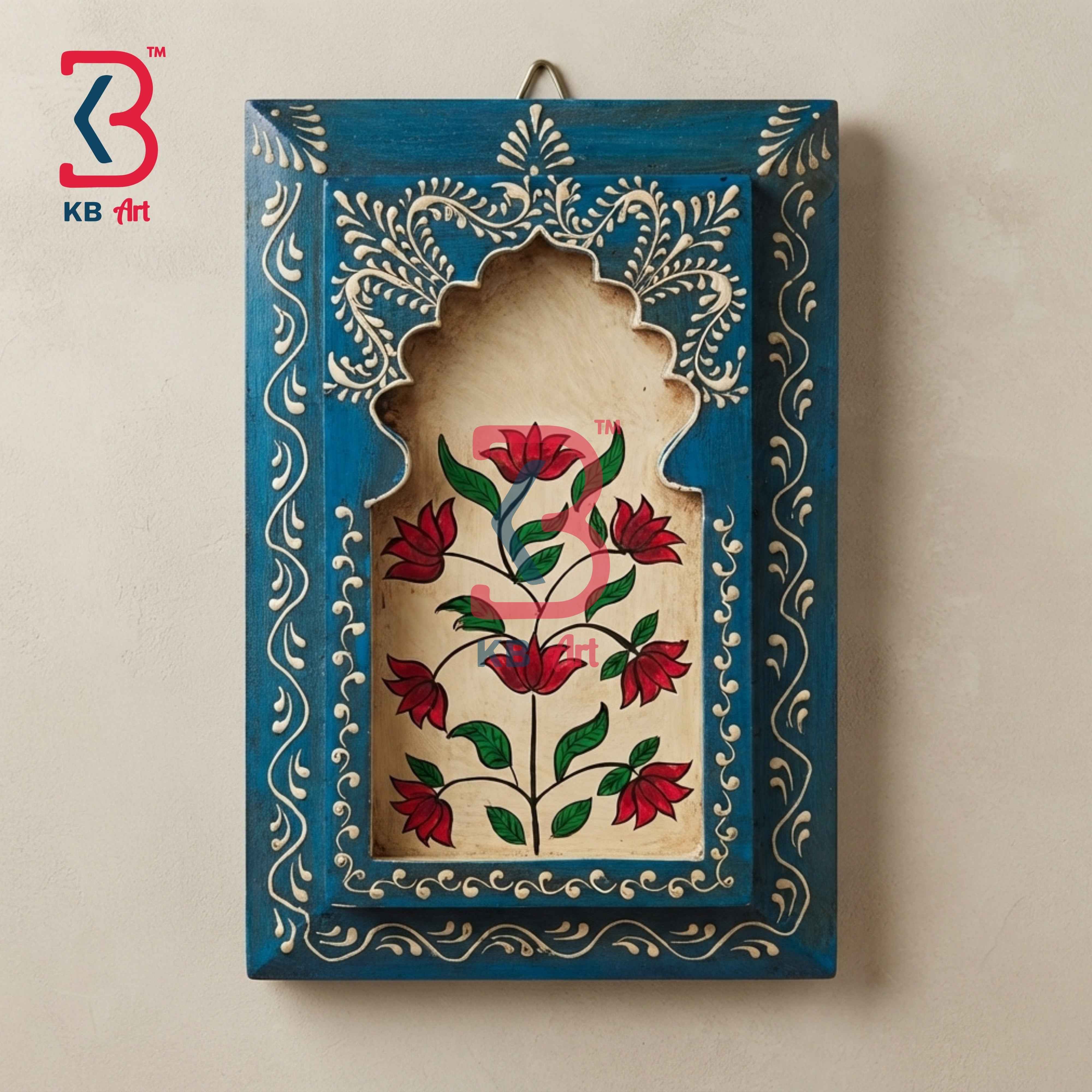 KB ART 12x8 Inch Handcrafted Wooden Jharokha Wall Panel Cerulean Sky Blue Floral Tree Traditional Wall Decor