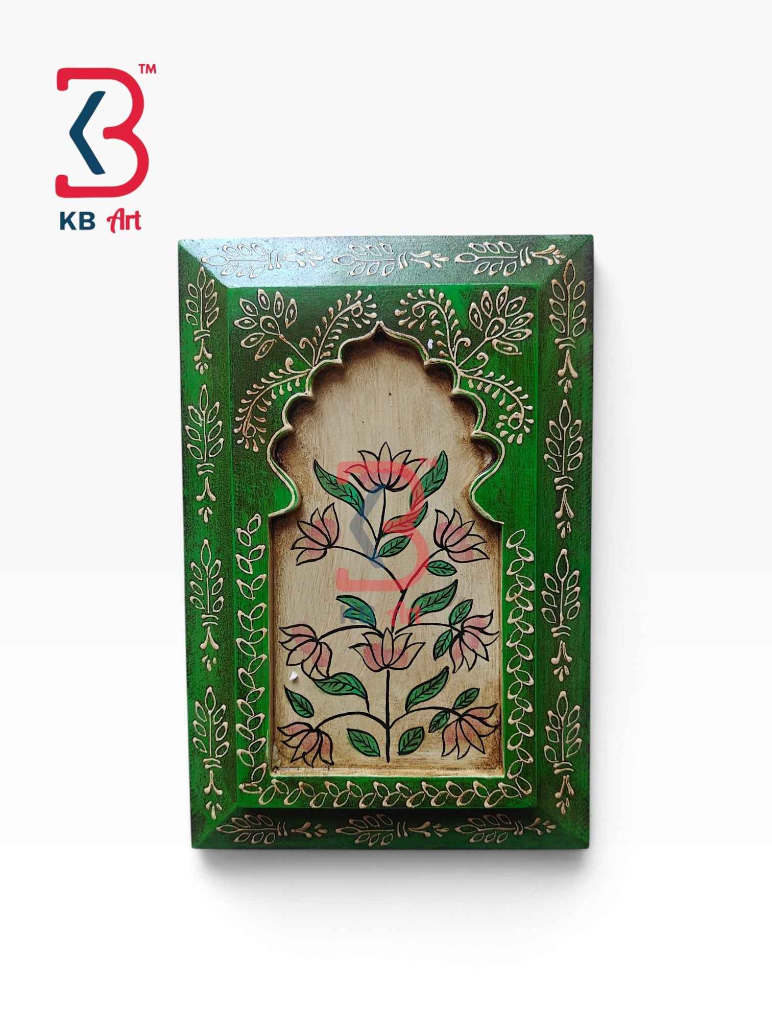 KB ART 12x8 Inch Handcrafted Wooden Jharokha Wall Panel Emerald Green Lotus Branch Traditional Wall Decor