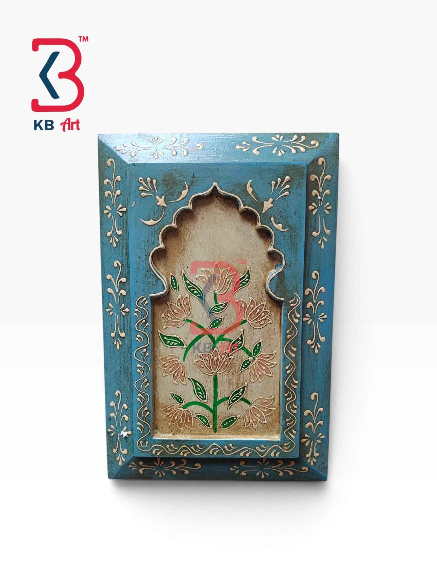 KB ART 12x8 Inch Handcrafted Wooden Jharokha Wall Panel Distressed Teal Blue Peach Floral Traditional Wall Decor
