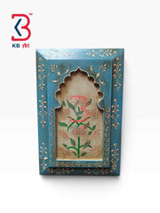 KB ART 12x8 Inch Handcrafted Wooden Jharokha Wall Panel Distressed Teal Blue Peach Floral Traditional Wall Decor