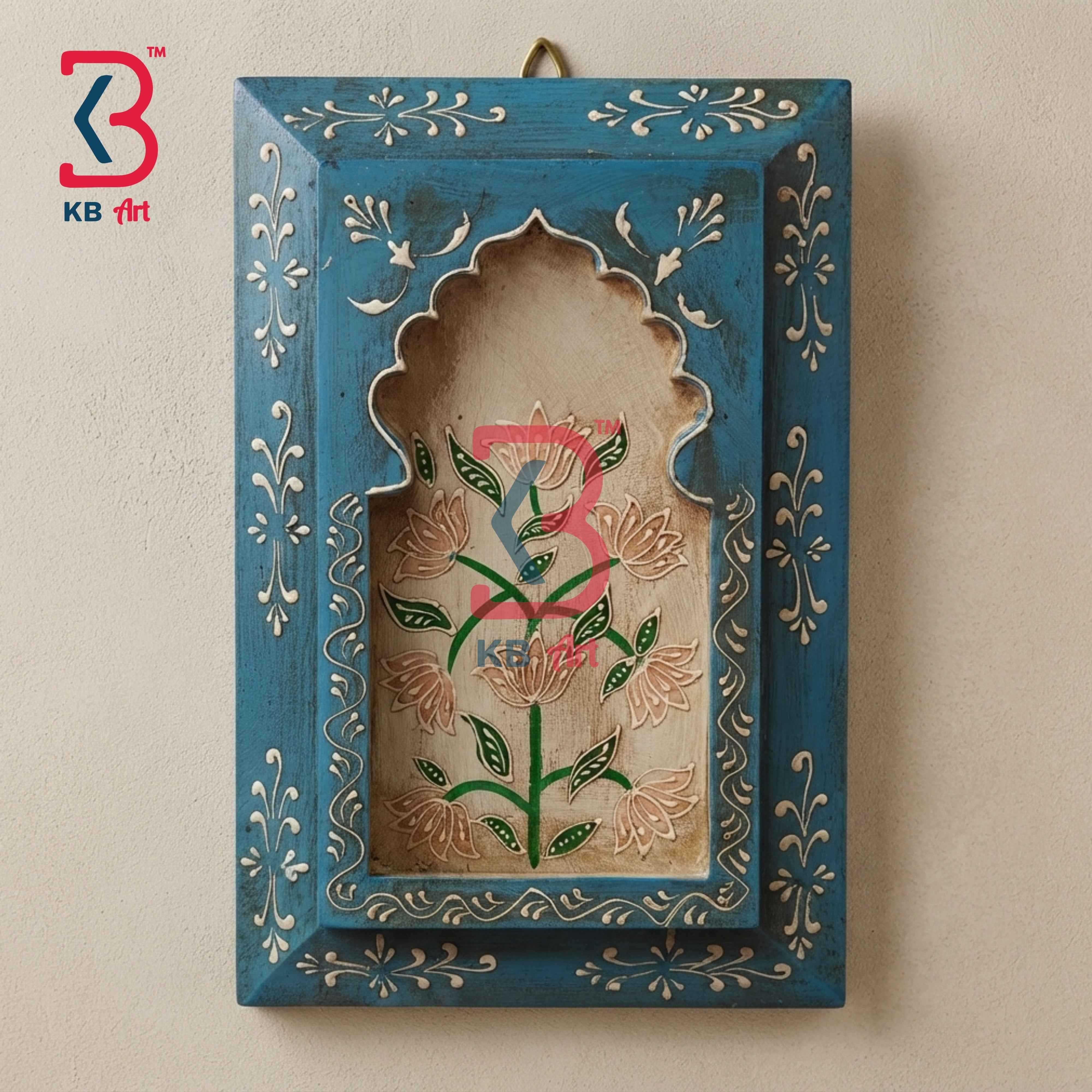 KB ART 12x8 Inch Handcrafted Wooden Jharokha Wall Panel Distressed Teal Blue Peach Floral Traditional Wall Decor