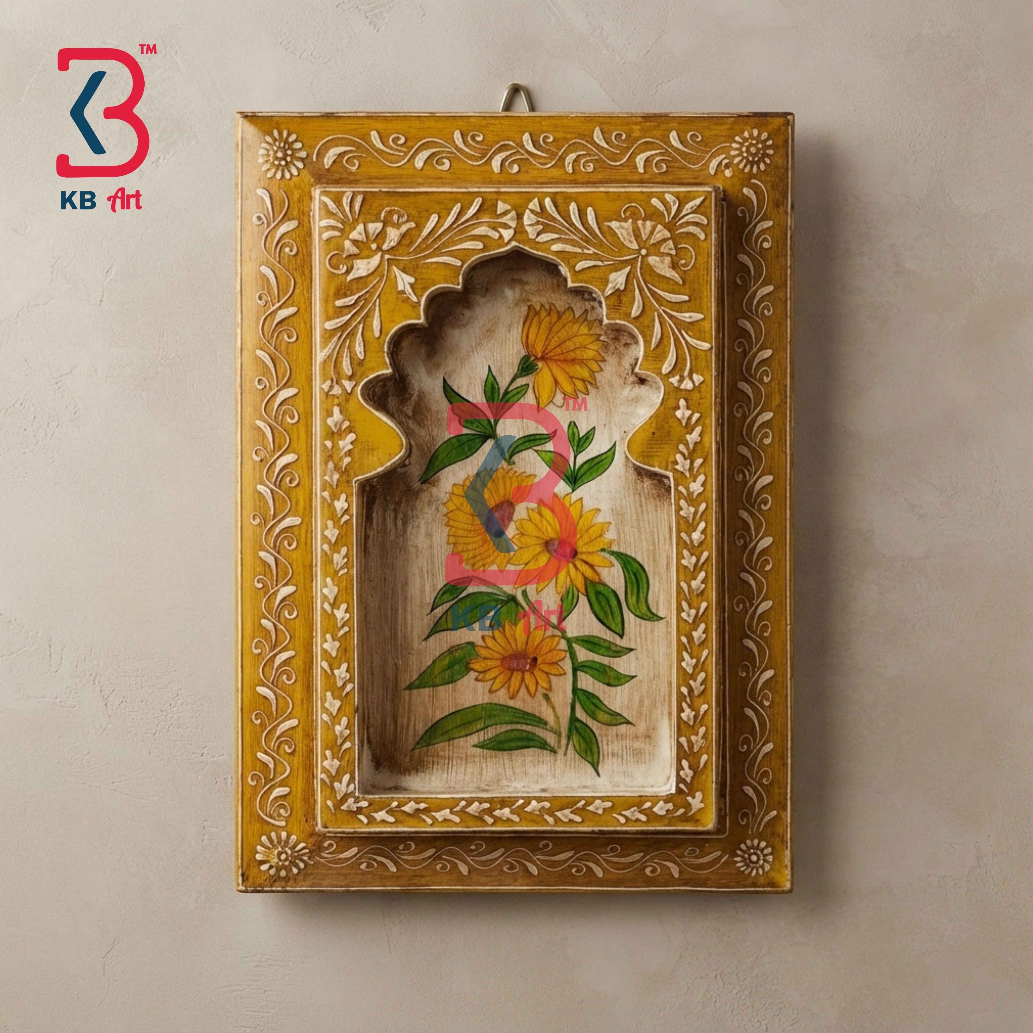 KB ART 12x8 Inch Handcrafted Wooden Jharokha Wall Panel Antique Mustard Yellow Marigold Floral Traditional Wall Decor