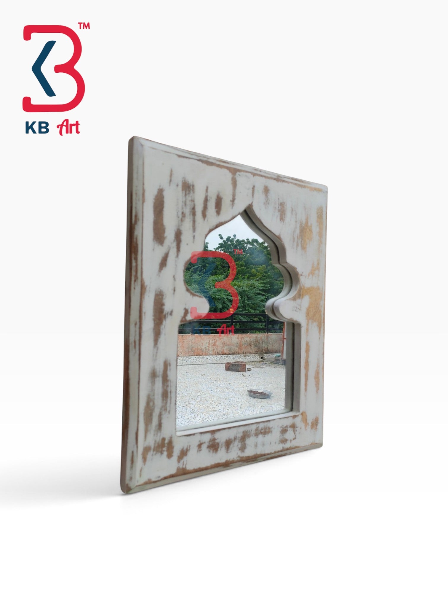KB ART Traditional Rajasthani White Washed Wood Jharokha Mirror Frame - Wooden Jharokha Wall Mirror (Photo 2 of 2) | SKU KB-5259-B