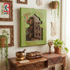 KB ART Carved Green Wooden Jharokha Mirror Handcrafted Rajasthani Heritage Wall Decor for Living Room Entryway Home Styling Timeless Centerpiece