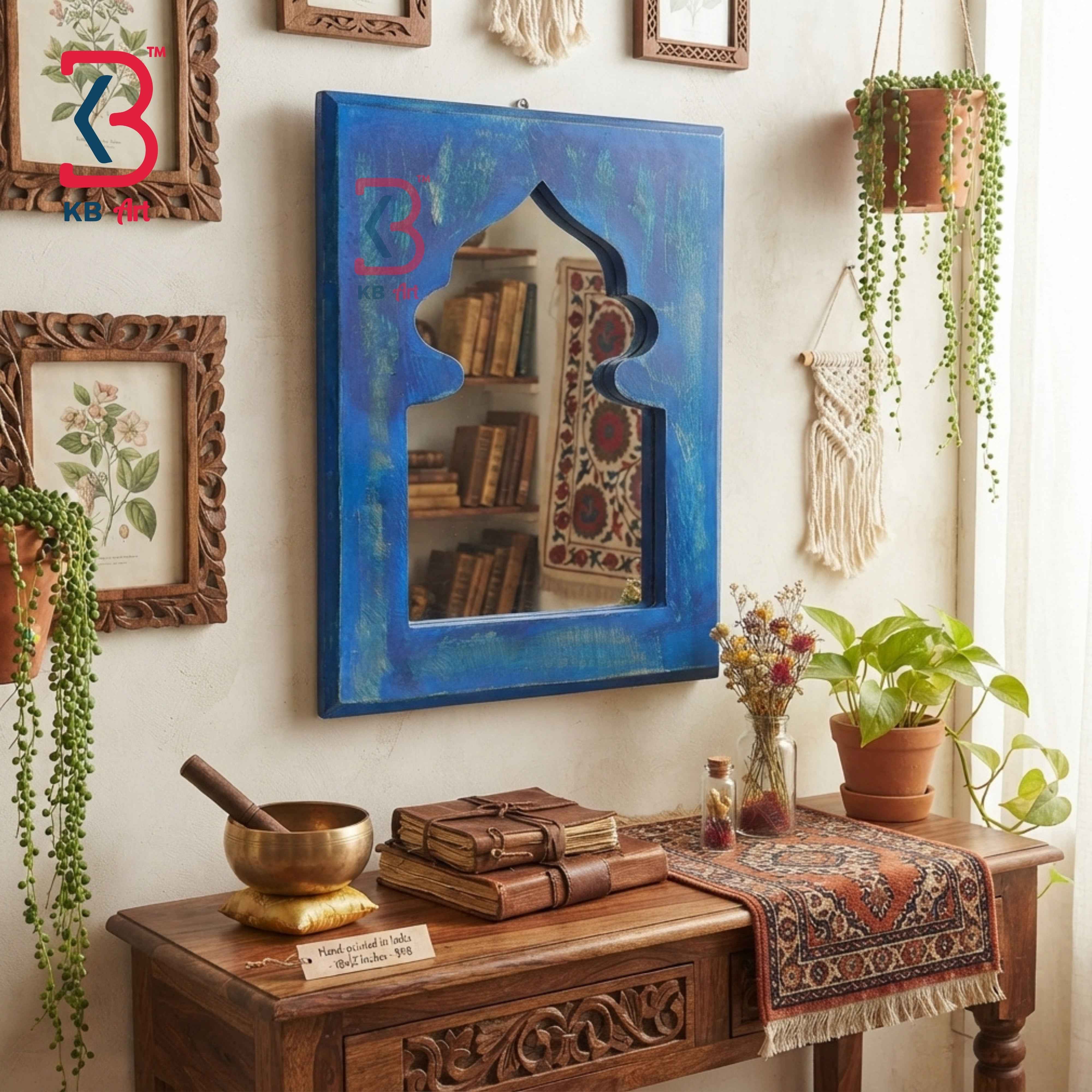 KB ART Carved Blue Wooden Jharokha Mirror Handcrafted Rajasthani Heritage Wall Decor for Living Room Entryway Home Styling Timeless Treasure