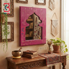 KB ART Distressed Pink Wooden Jharokha Mirror Handcrafted Rajasthani Heritage Wall Decor for Living Room Entryway Home Styling Timeless Detail
