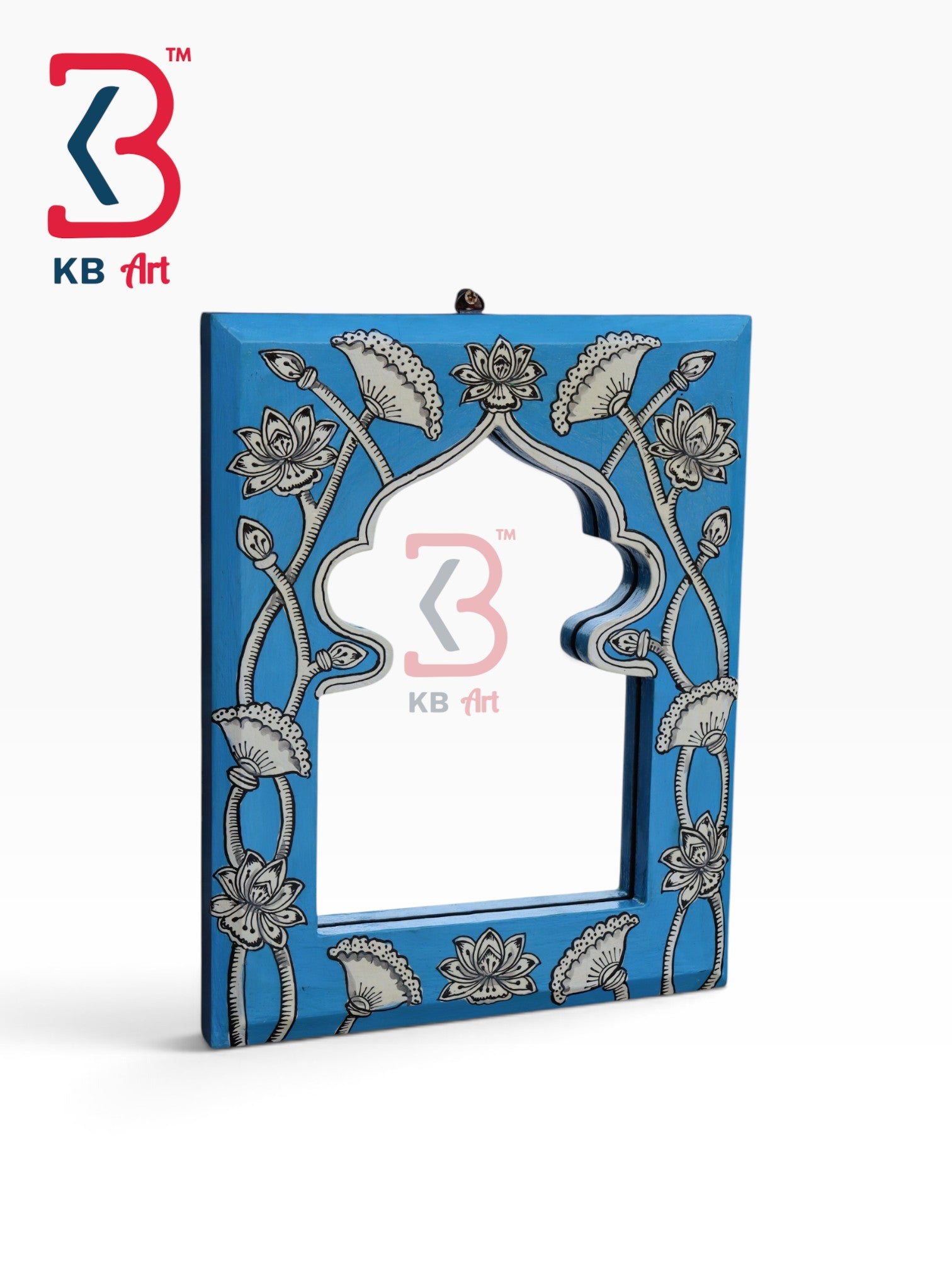 KB ART Ethnic Indian Hand Painted Blue and White Wood Jharokha Mirror - Wooden Jharokha Wall Mirror (Photo 2 of 2) | SKU KB-5268-B