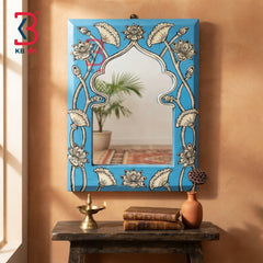 KB ART Solid Wood Blue Carved Jharokha Wall Decor Mirror with Floral Motifs - Wooden Jharokha Wall Mirror (Photo 1 of 2) | SKU KB-5268-B