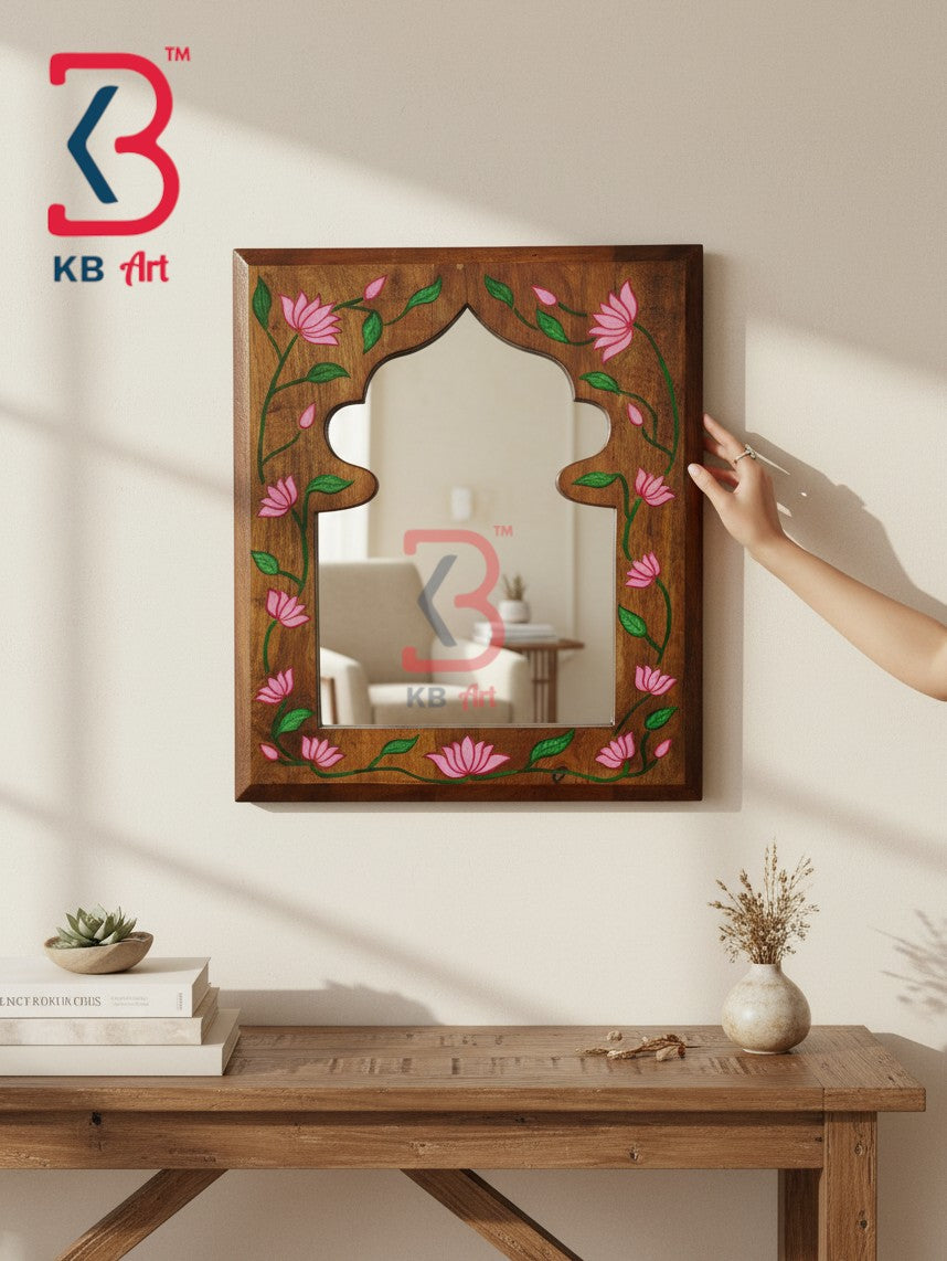 KB ART Vintage Style Brown Painted Wooden Jharokha Vanity Mirror - Wooden Jharokha Wall Mirror (Photo 3 of 3) | SKU KB-5271-C