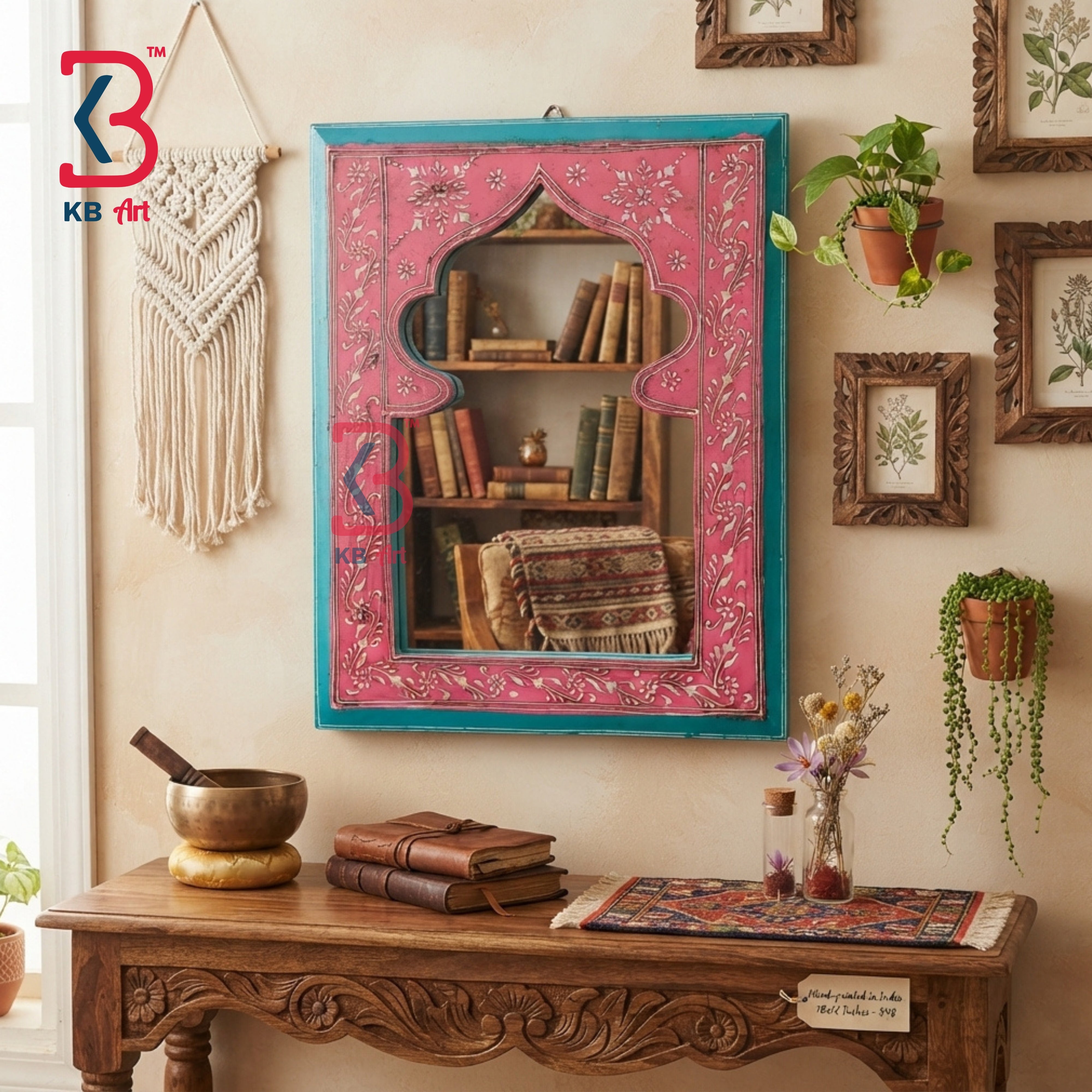 KB ART Vintage Style Pink Painted Wooden Jharokha Vanity Mirror - Wooden Jharokha Wall Mirror (Photo 1 of 2) | SKU KB-5272-B