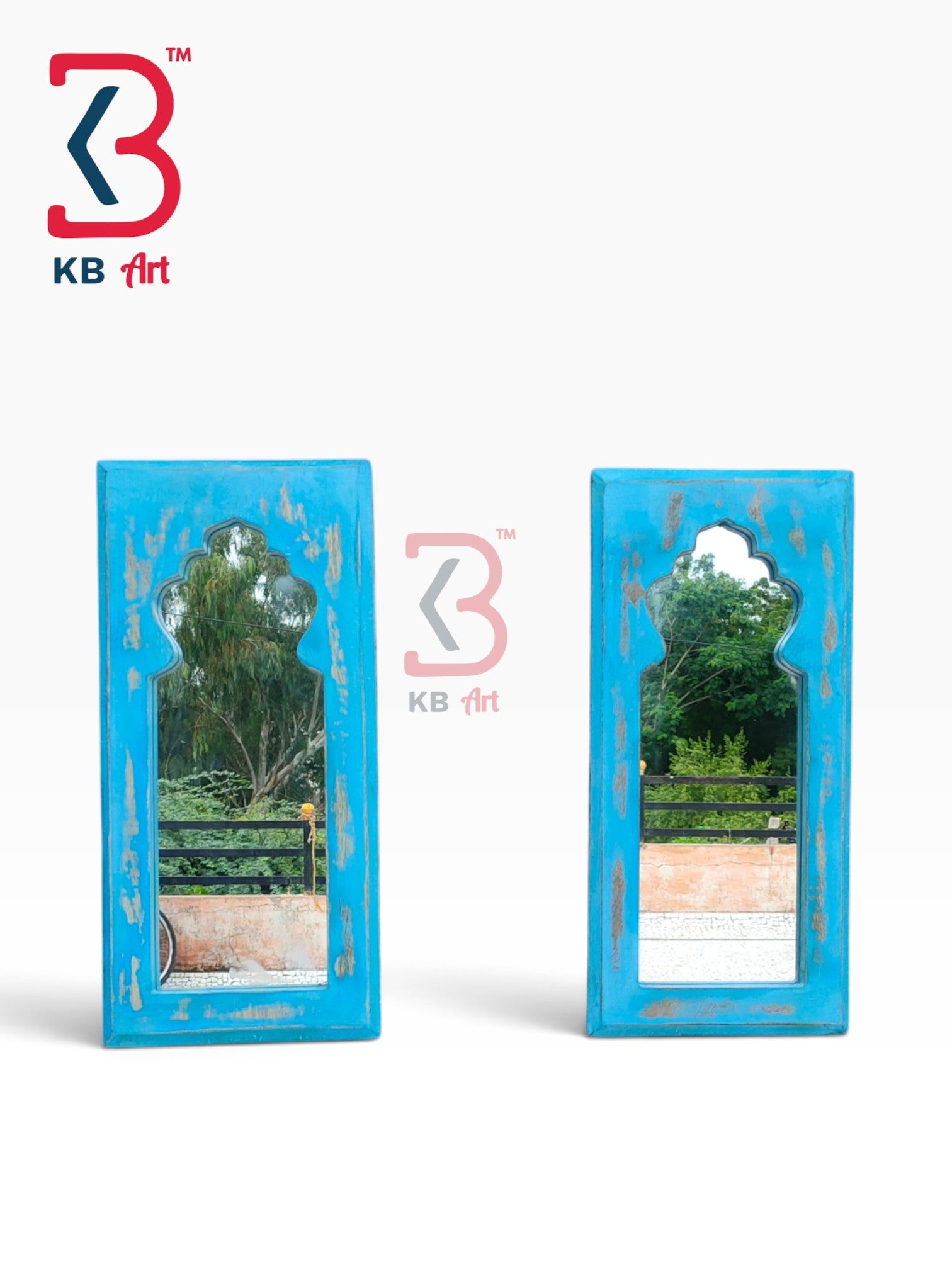 KB ART Traditional Jodhpur Handicrafts Vintage Blue Wood Jharokha Mirror - Wooden Jharokha Wall Mirror (Photo 2 of 2) | SKU KB-5277-B