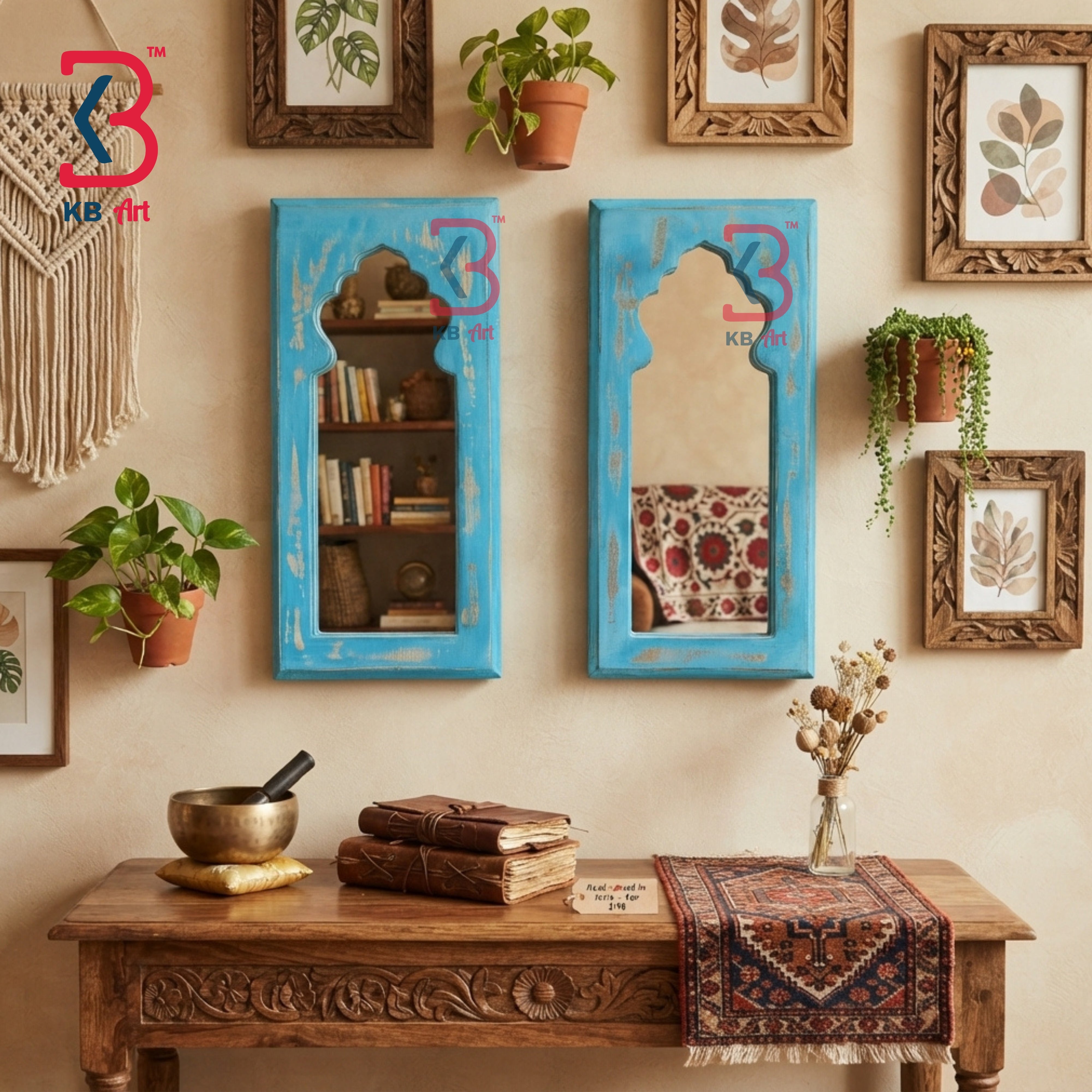 KB ART Boho Distressed Blue Wooden Jharokha Decorative Wall Mirror - Wooden Jharokha Wall Mirror (Photo 1 of 2) | SKU KB-5277-B