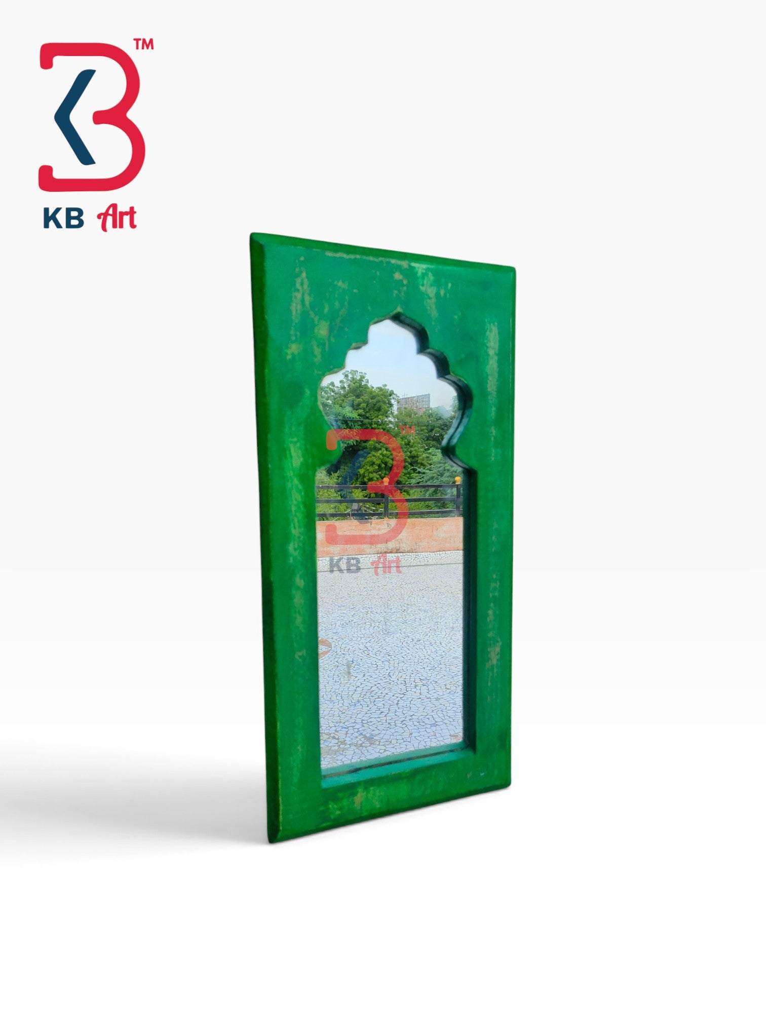 KB ART Royal Rajasthani Antique Green Carved Wall Mirror Frame - Wooden Jharokha Wall Mirror (Photo 2 of 2) | SKU KB-5278-B