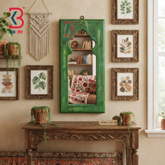 KB ART Artisan Crafted Distressed Green Wooden Jharokha Vanity Mirror - Wooden Jharokha Wall Mirror (Photo 1 of 2) | SKU KB-5278-B