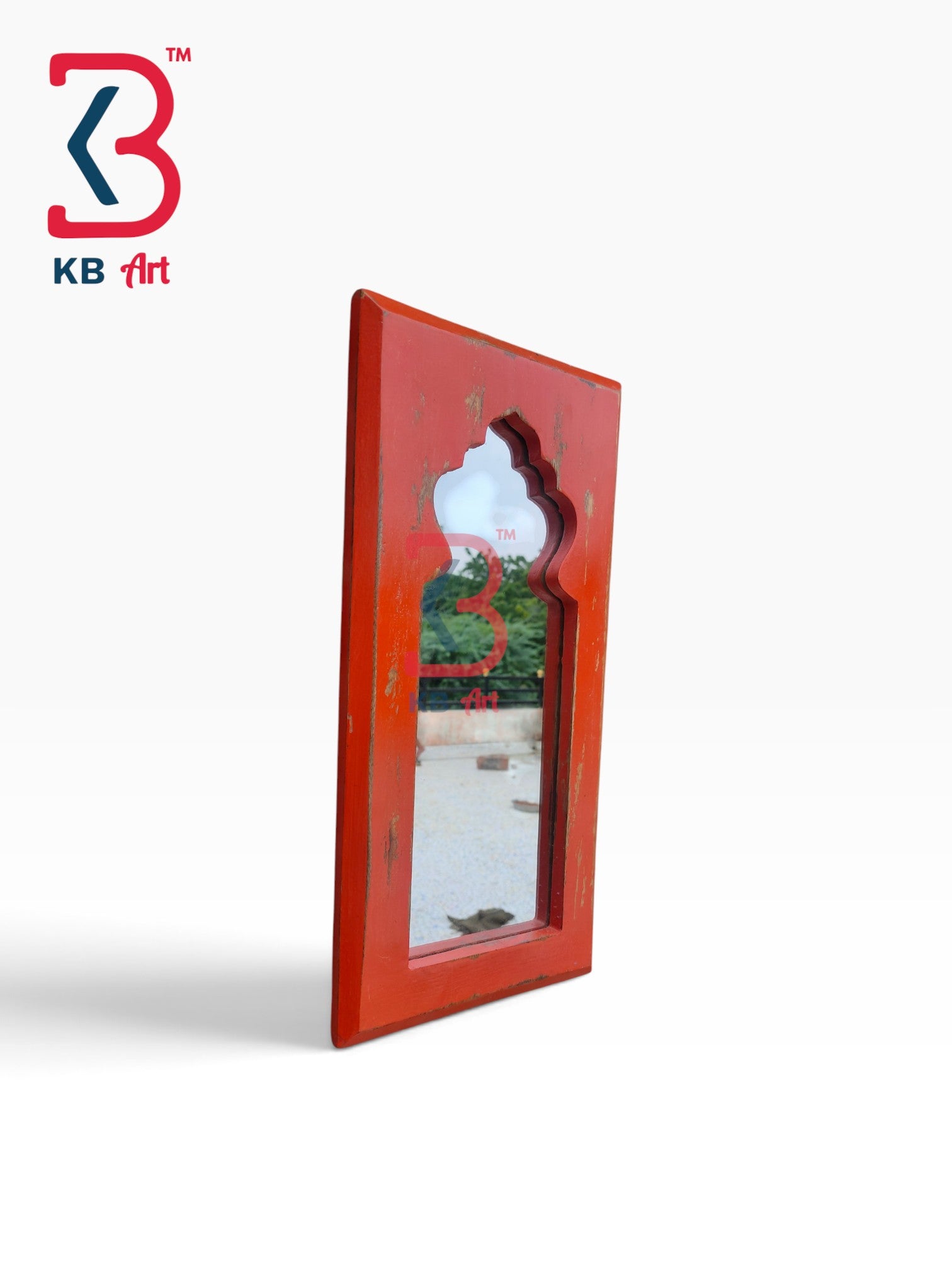 KB ART Hand Carved Distressed Orange Wooden Jharokha Mirror - Wooden Jharokha Wall Mirror (Photo 2 of 2) | SKU KB-5279-B