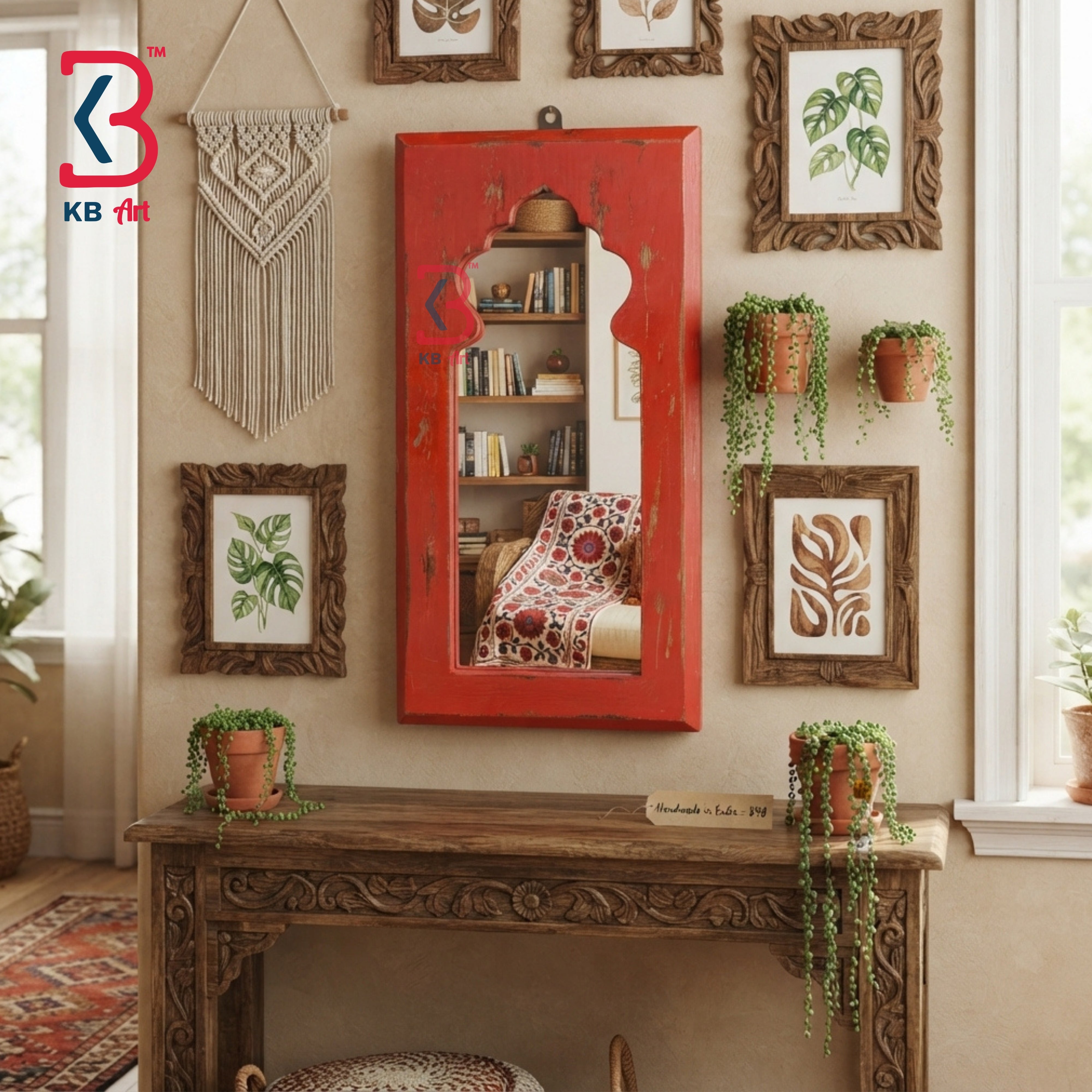 KB ART Decorative Rustic Orange Wooden Arch Wall Mirror for Hallway - Wooden Jharokha Wall Mirror (Photo 1 of 2) | SKU KB-5279-B