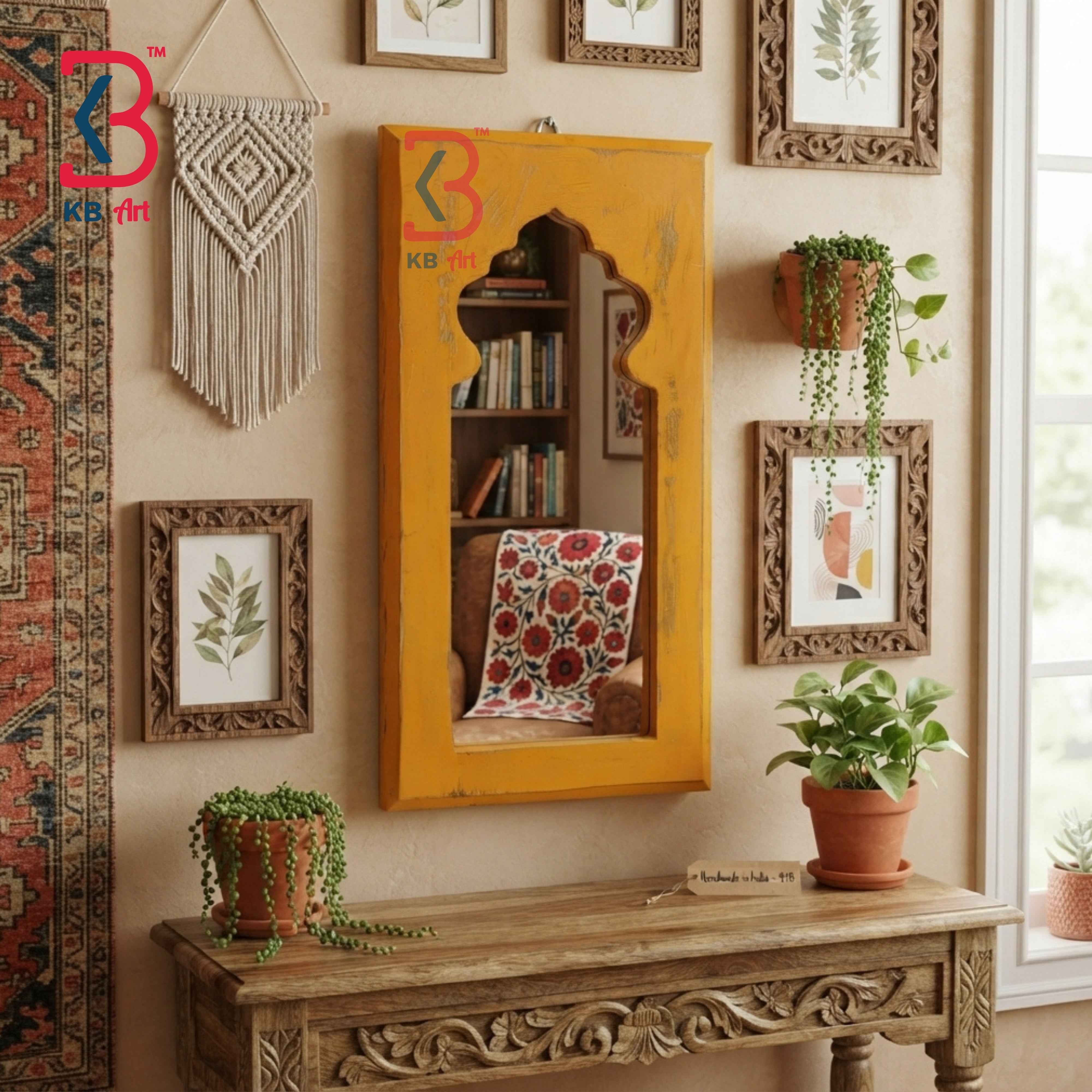 KB ART Carved Yellow Wooden Jharokha Mirror Handcrafted Rajasthani Heritage Wall Decor for Living Room Entryway Home Styling Elegant Treasure