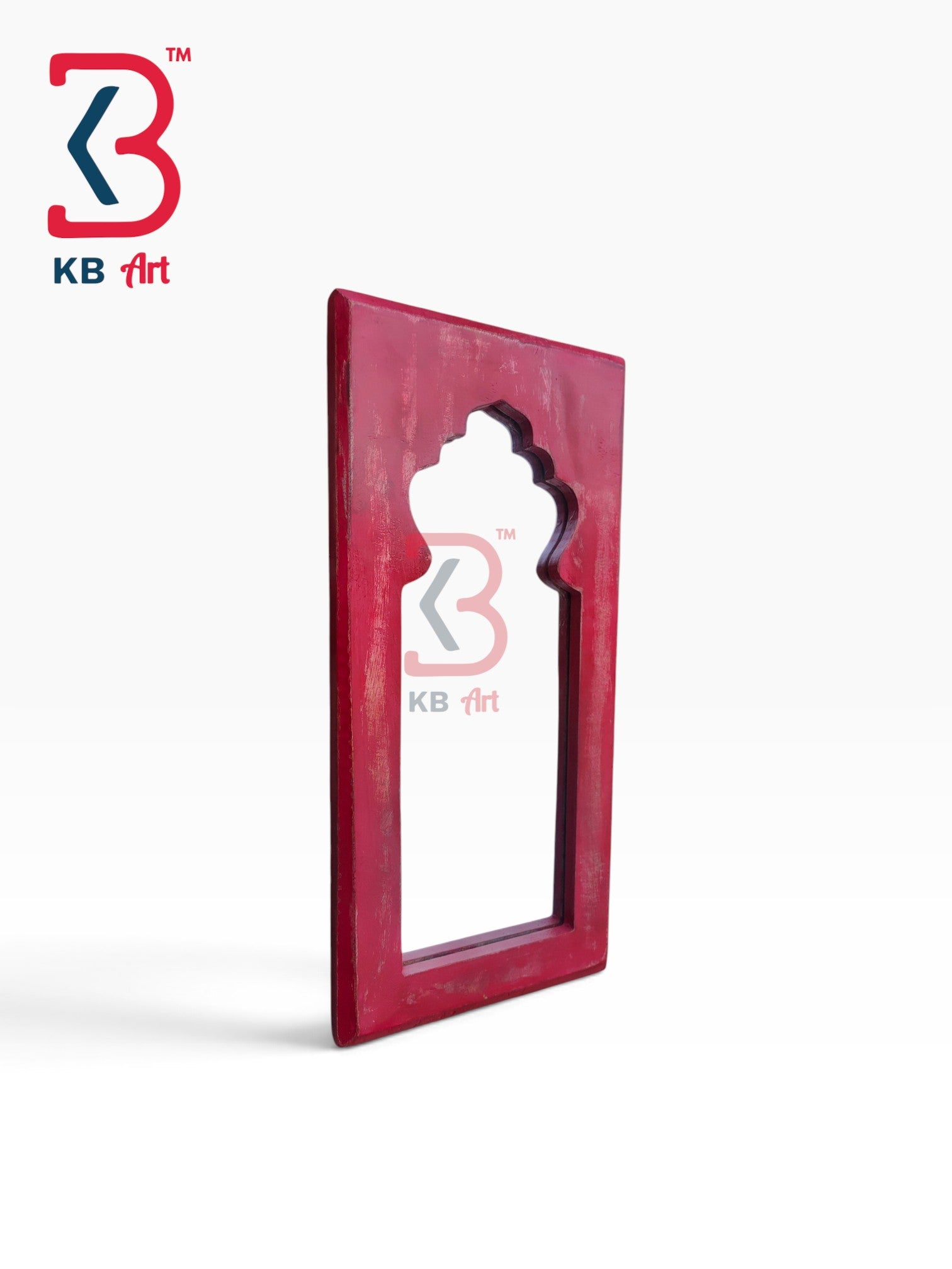 KB ART Solid Wood Distressed Red Jharokha Hanging Wall Mirror - Wooden Jharokha Wall Mirror (Photo 2 of 2) | SKU KB-5281-B