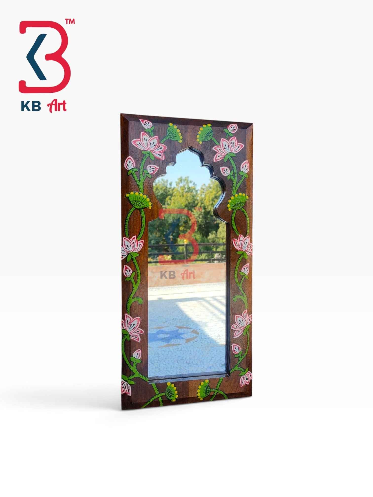 KB ART Floral Brown Wooden Jharokha Mirror Handcrafted Rajasthani Heritage Wall Decor for Living Room Entryway Home Styling Elegant Art