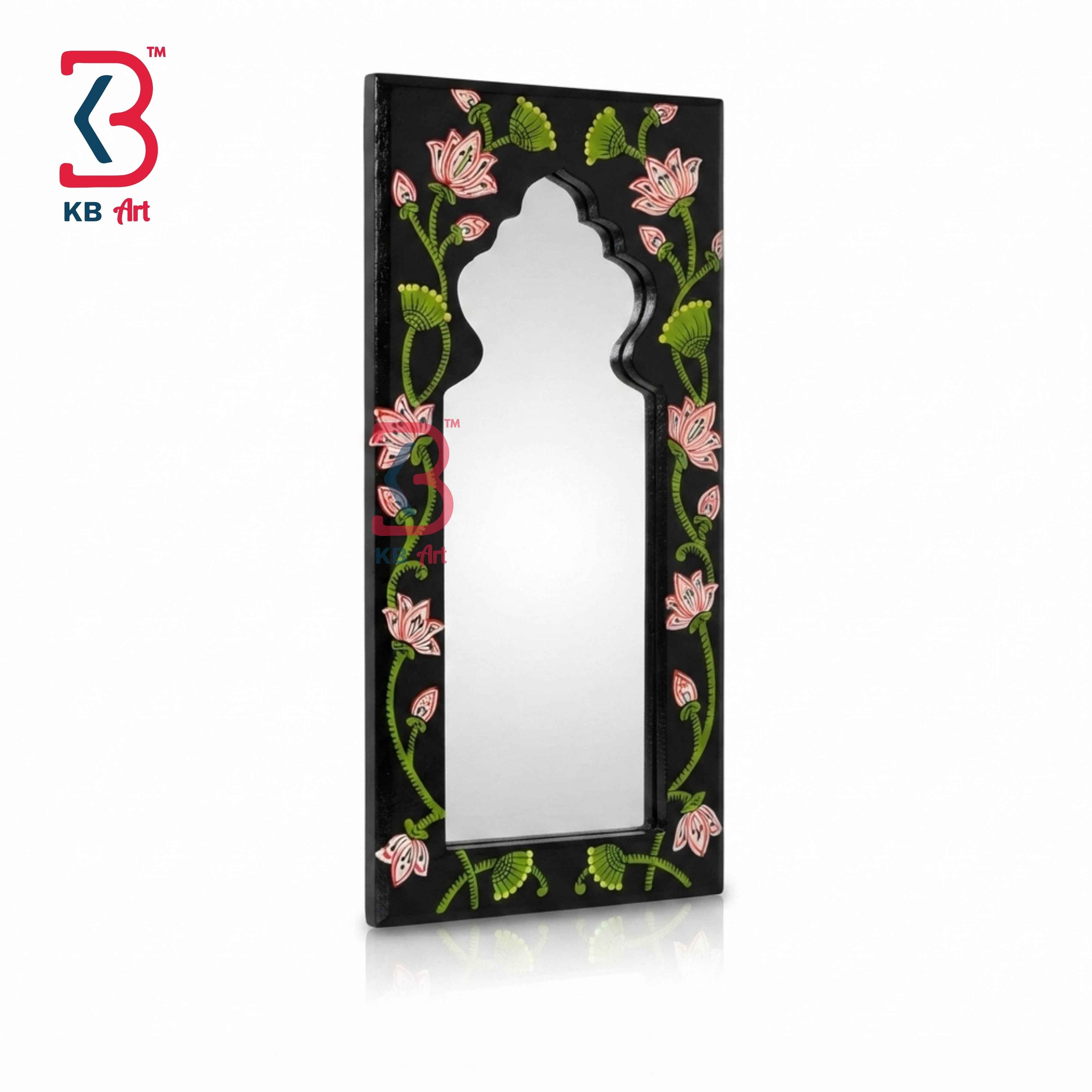 Handcrafted Black Wooden Jharokha Mirror Frame | Traditional Rajasthani Hand-Painted Pink Lotus Wall Decor Panel