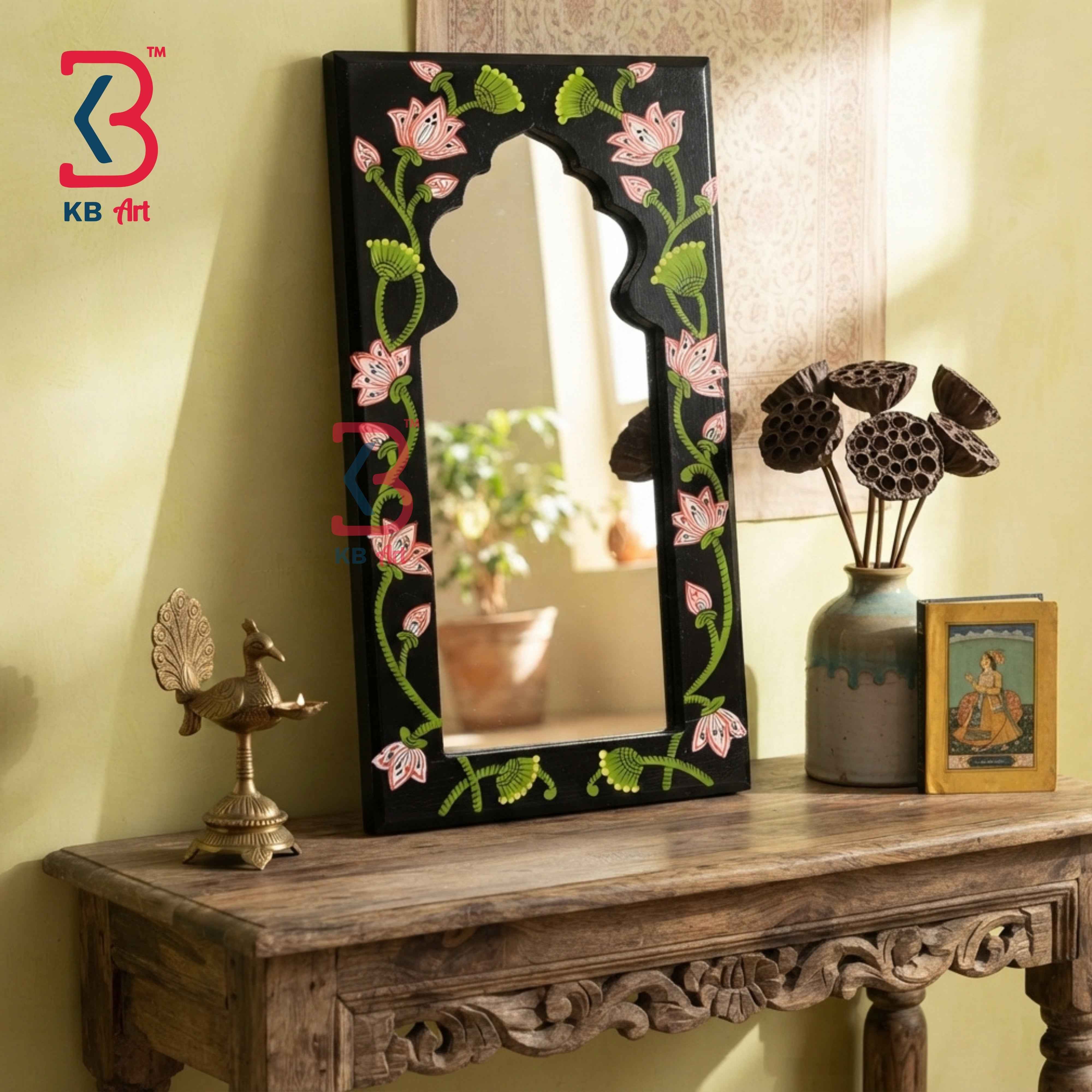 Handcrafted Black Wooden Jharokha Mirror Frame | Traditional Rajasthani Hand-Painted Pink Lotus Wall Decor Panel