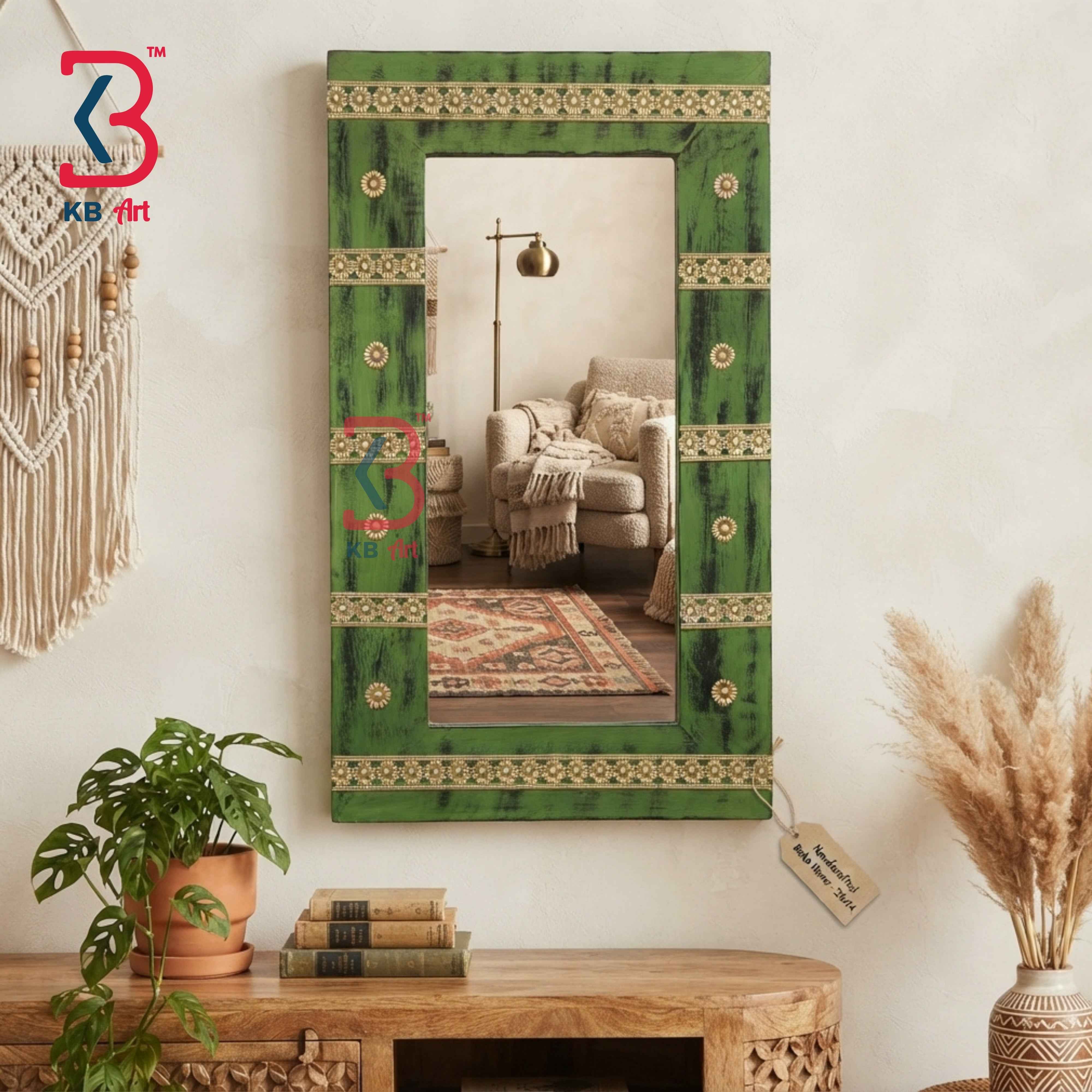 KB ART Antique Green Wooden Jharokha Mirror Handcrafted Rajasthani Heritage Wall Decor for Living Room Entryway Home Styling Elegant Display