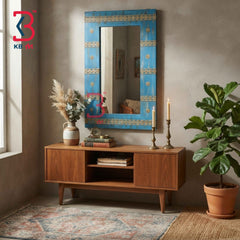 KB ART Distressed Blue Wooden Jharokha Mirror Handcrafted Rajasthani Heritage Wall Decor for Living Room Entryway Home Styling Elegant Touch