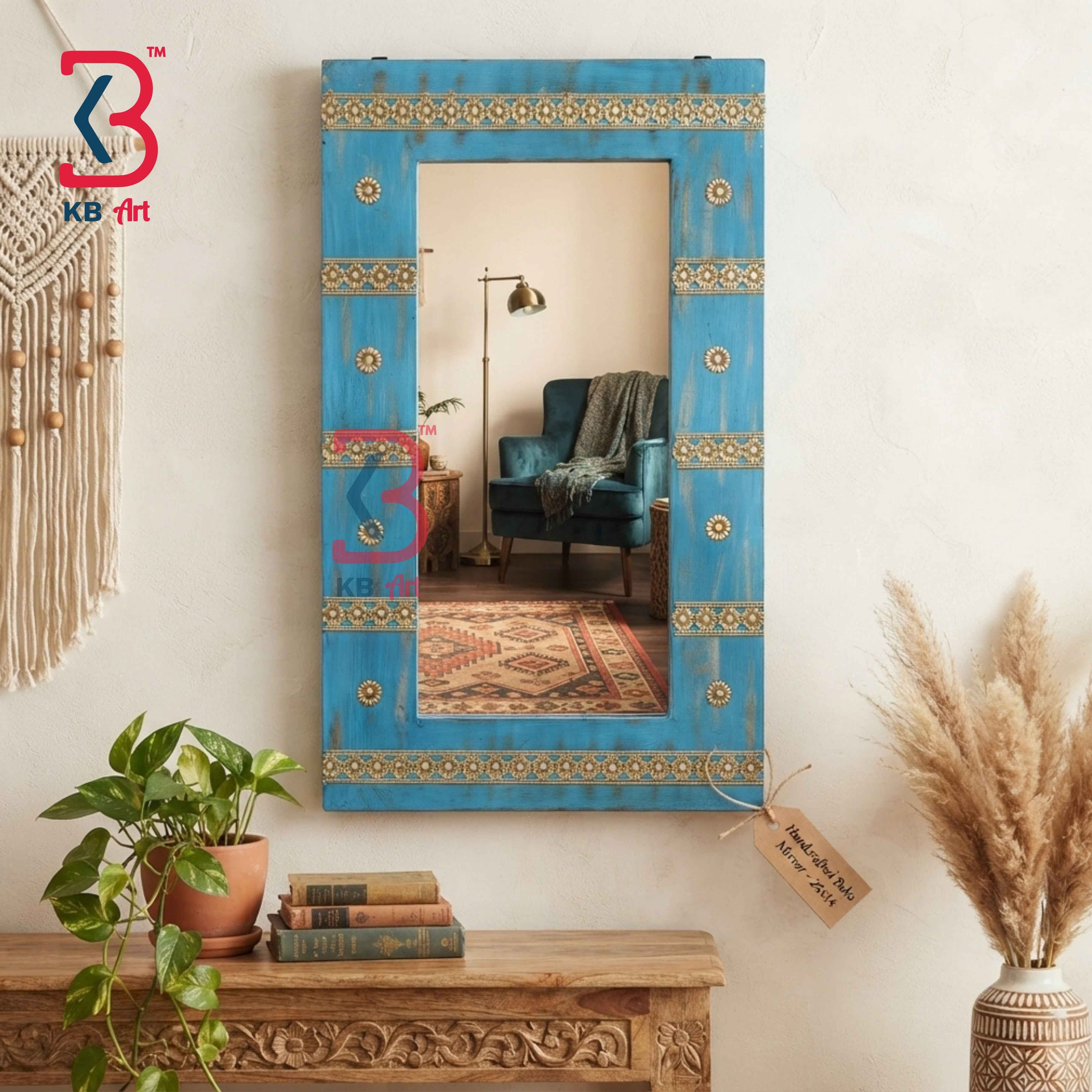 KB ART Distressed Blue Wooden Jharokha Mirror Handcrafted Rajasthani Heritage Wall Decor for Living Room Entryway Home Styling Elegant Touch