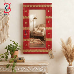 KB ART Artisan Red Wooden Jharokha Mirror Handcrafted Rajasthani Heritage Wall Decor for Living Room Entryway Home Styling Elegant Piece