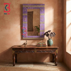 KB ART Carved Purple Wooden Jharokha Mirror Handcrafted Rajasthani Heritage Wall Decor for Living Room Entryway Home Styling Artisan Accent